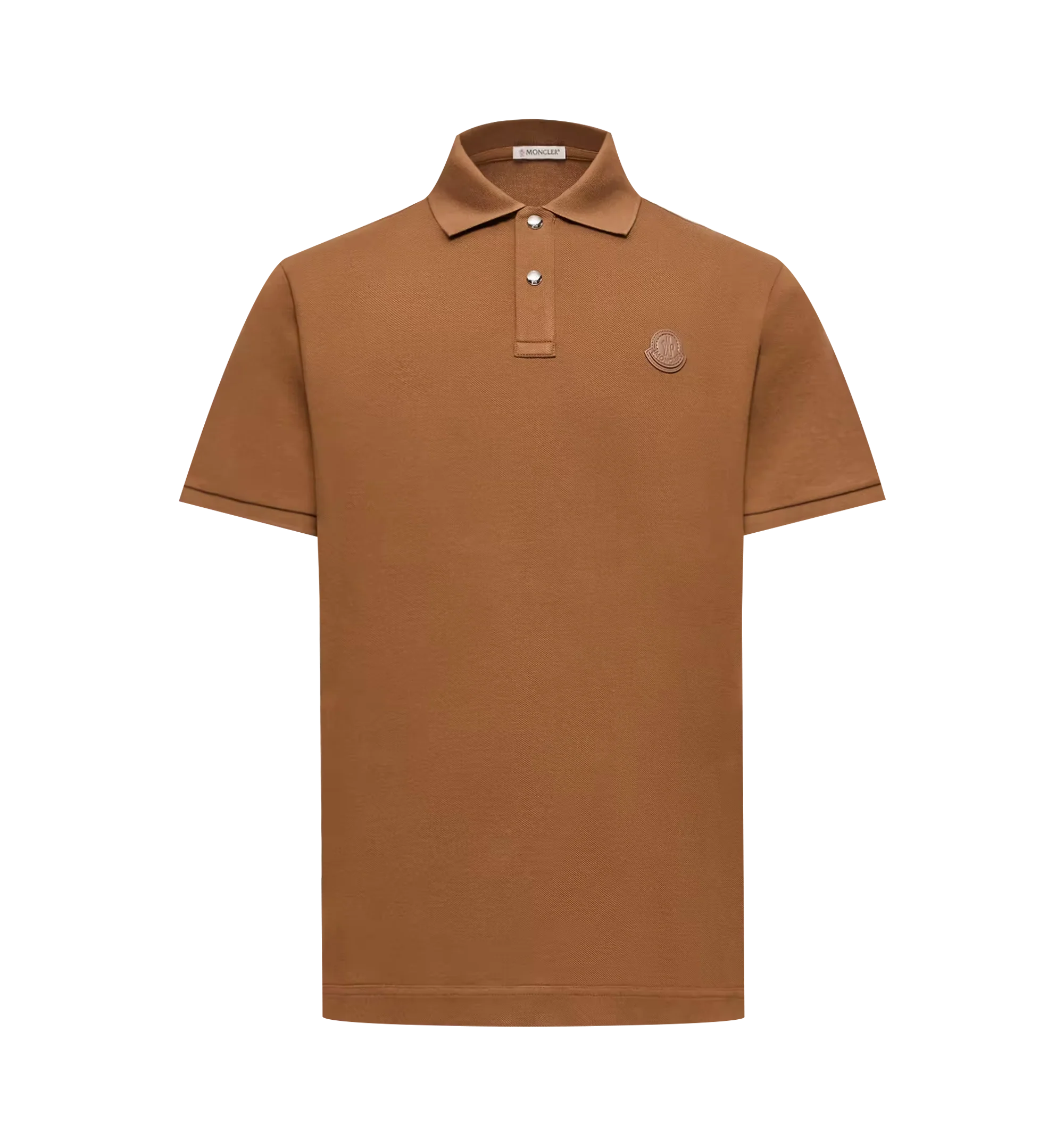 Image 1 of 1 - BROWN - Moncler Men's Logo Patch Cotton Piquet Polo Shirt is crafted from pure cotton piquet and features a timeless short-sleeve silhouette designed for versatile everyday wear. Cut in a regular fit, this designer polo is finished with a classic collar, snap-button closure, ribbed collar and cuffs, and a leather Moncler logo patch for a refined signature detail. Main Material: 100% Cotton. Collar and Cuffs: 99% Cotton, 1% Elastane/Spandex. Leather Tag: Cow Leather. Fit: Regular. Closure: Sna