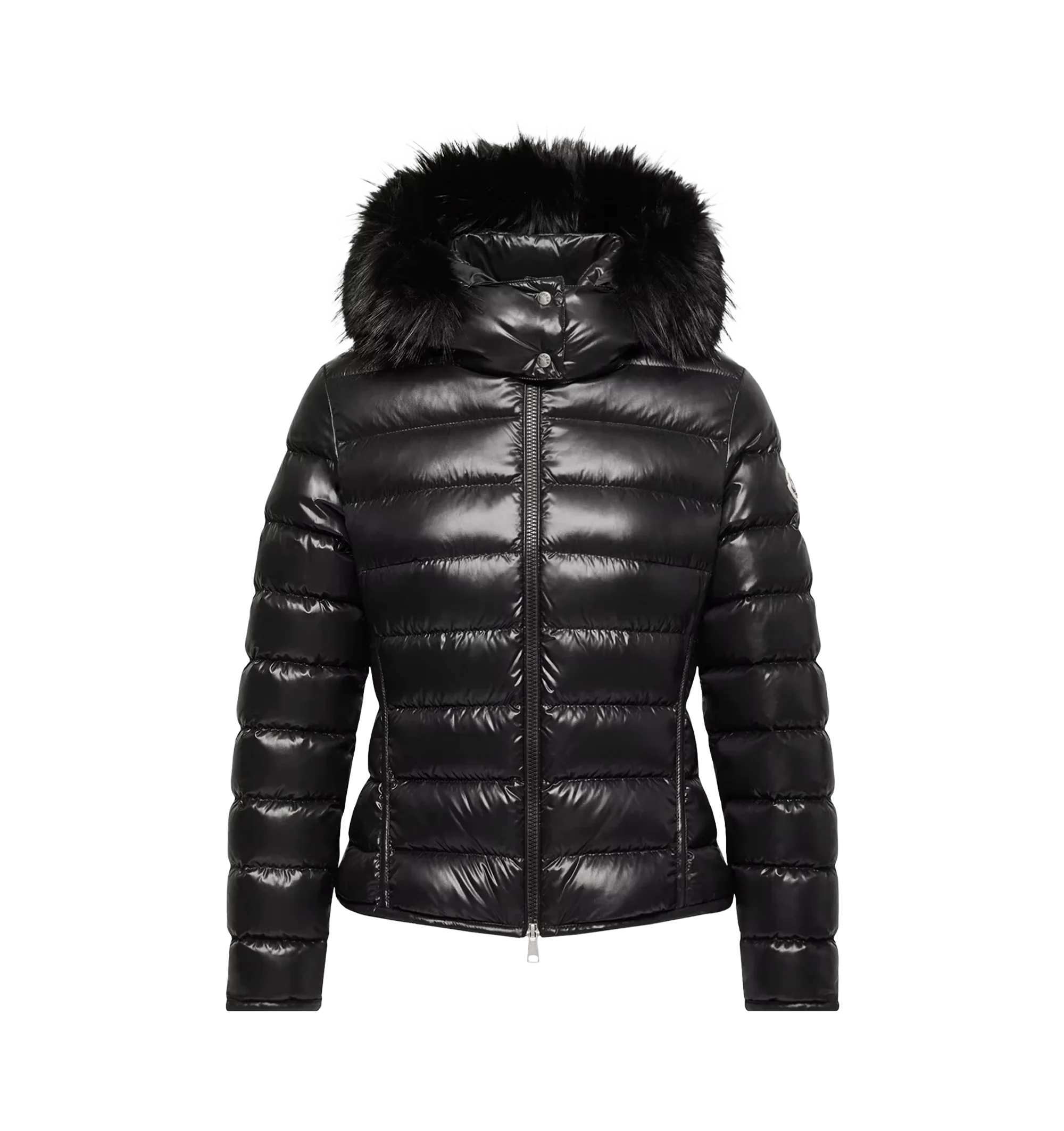 Image 1 of 1 - BLACK - Moncler Women's Badyeffe Hooded Short Down Jacket is crafted from glossy nylon laqu and features a slim-fit silhouette that reflects the houses signature clean, graphic aesthetic. This down-filled puffer is designed with a detachable hood and detachable faux fur trim, allowing for versatile styling across changing conditions. Finished with a front zip closure, zipped pockets, adjustable elasticized cuffs with snap-button closures, and a signature logo patch at the sleeve, the jacket c