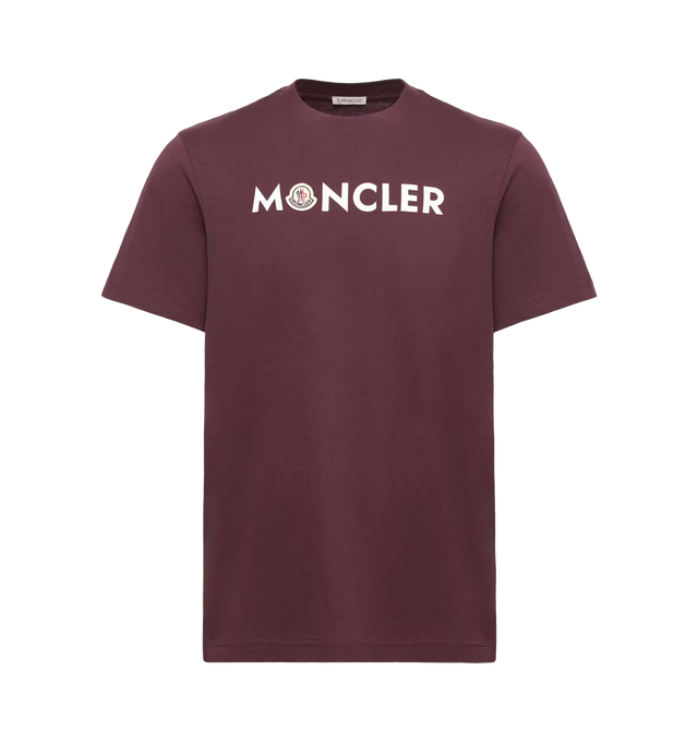 Image 1 of 1 - RED - Moncler Mens Logo Cotton T-Shirt is crafted from cotton jersey. Features a regular fit, crew neck, short sleeves, logo print, and logo patch. Base Fabric: 100% Cotton; Collar Rib: 100% Cotton. Made in Turkey.