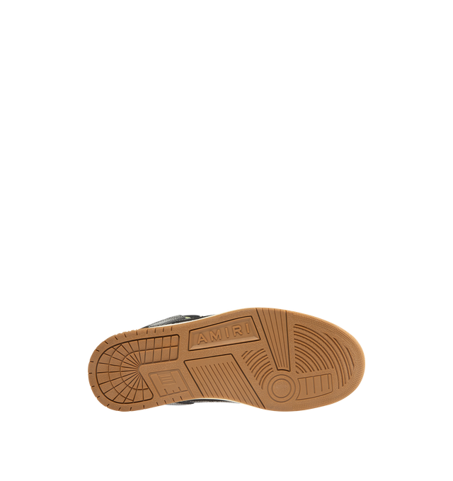 Image 4 of 5 - GREEN - AMIRI XL Skel Low Top Sneaker featuring suede and leather upper with rubber sole, lace-up closure, logo detail at tongue, cushioned collar and mesh tongue, leather bone appliques and perforated toe.