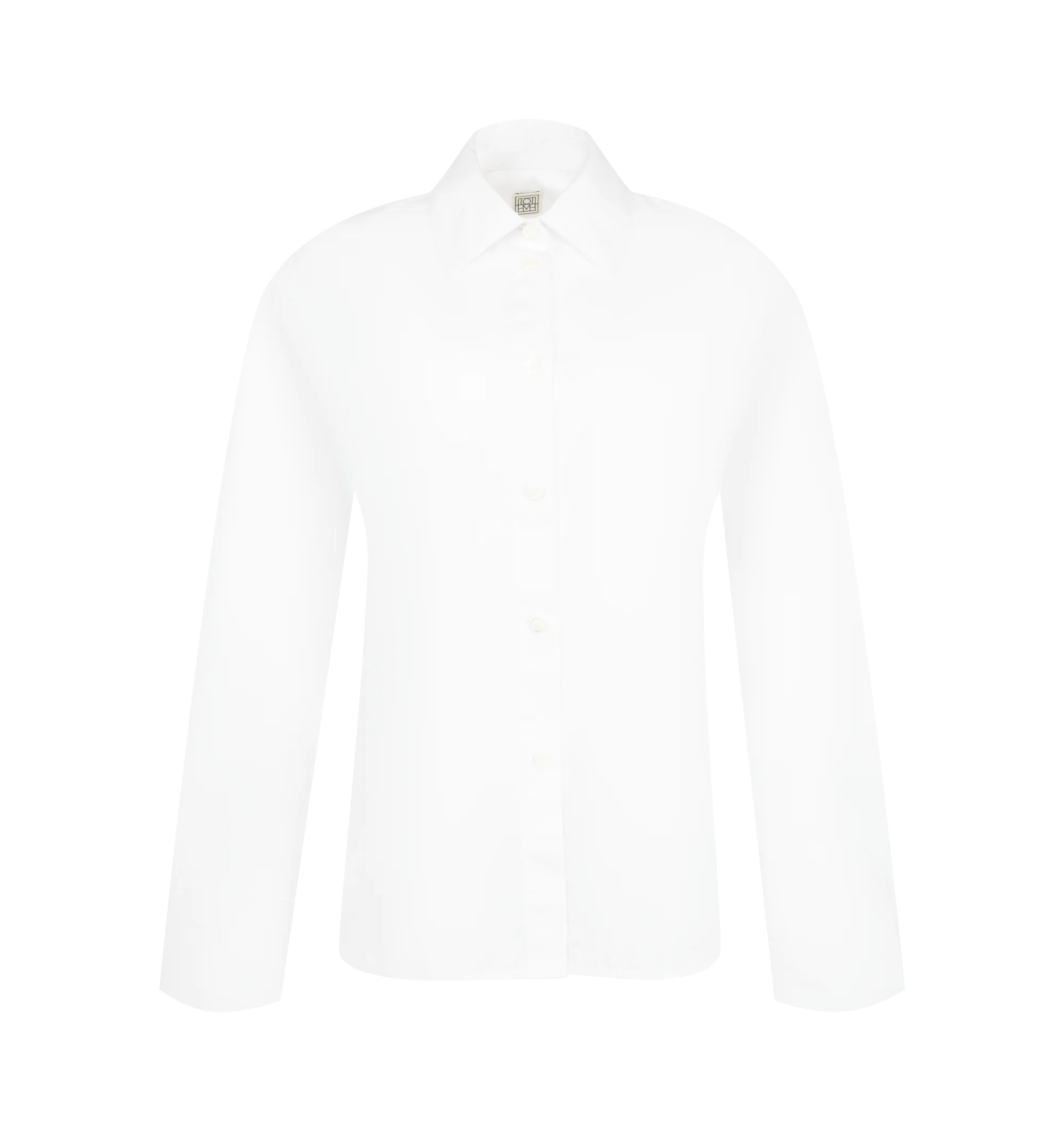 Image 1 of 2 - WHITE - Toteme Women's Boxy Poplin Shirt is crafted from crisp cotton poplin and features a relaxed boxy silhouette with a classic point collar, button-front closure, long sleeves, and buttoned cuffs. This designer shirt combines clean tailoring with Toteme's signature minimalist aesthetic, creating a versatile wardrobe staple for effortless everyday dressing. Main Material: 100% Cotton.