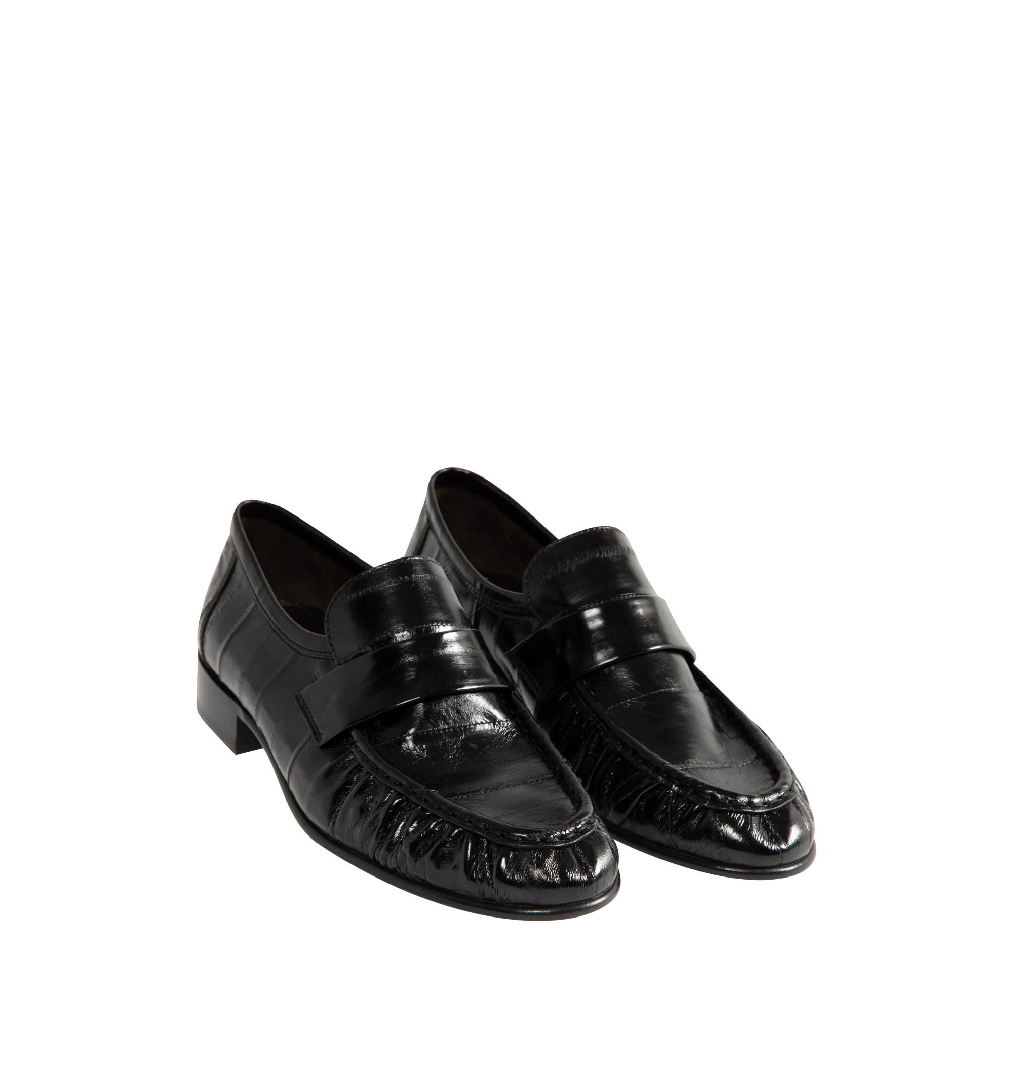 Image 2 of 4 - BLACK - THE ROW Soft loafer artisanally-crafted in polished eel skin leather with pleated outer vamp, curved front strap, hand-painted leather sole and sueded leater lining. 0.75 in. heel. Made in Italy.