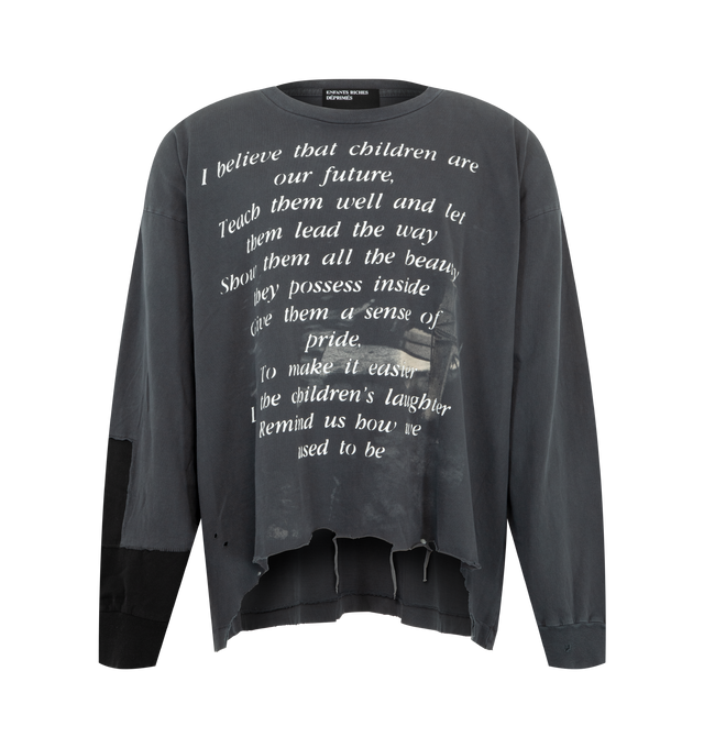 Image 1 of 3 - BLACK - Enfants Riches Deprimes The Greatest Love Of All long sleeve T-shirt crafted from heavy weight cotton jersey. Featuring a boxy cropped fit, rib knit necklineand cuffs, raw hem at front waist, single stich hem at back waist, repair panel at sleeve cuff, vintage wash process and distressing throughout, and printed artwork at the front and back. Made in USA.