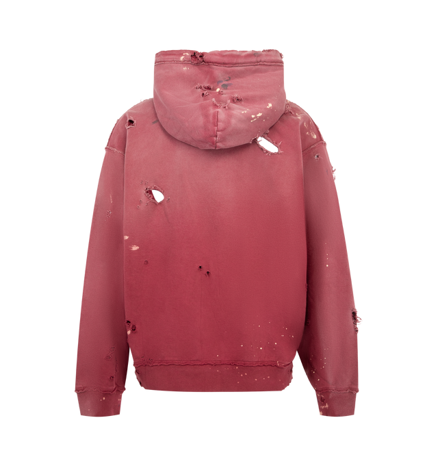 Image 2 of 2 - RED - SATOSHI NAKAMOTO Luke Fleece Hoodie featuring zip front closure, fixed hood, long sleeves, distressed throughout, ribbed cuffs and hem, front pouch pockets and logo on front. 100% cotton.