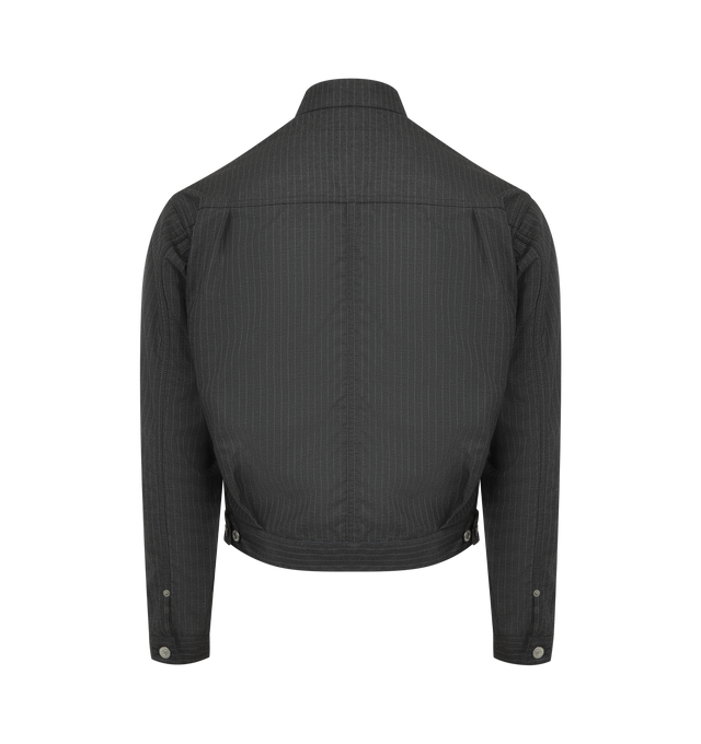Image 2 of 3 - BLACK - JUNYA WATANABE Levi's Type 2 Jacket featuring classic collar, front metal button closure, pin stripe fabric, full internal lining, two chest pockets, Levi's tab logo at front pocket, adjustable button tabs at waist and button close cuffs. 50% viscose, 50% polyester. Made In Japan. 