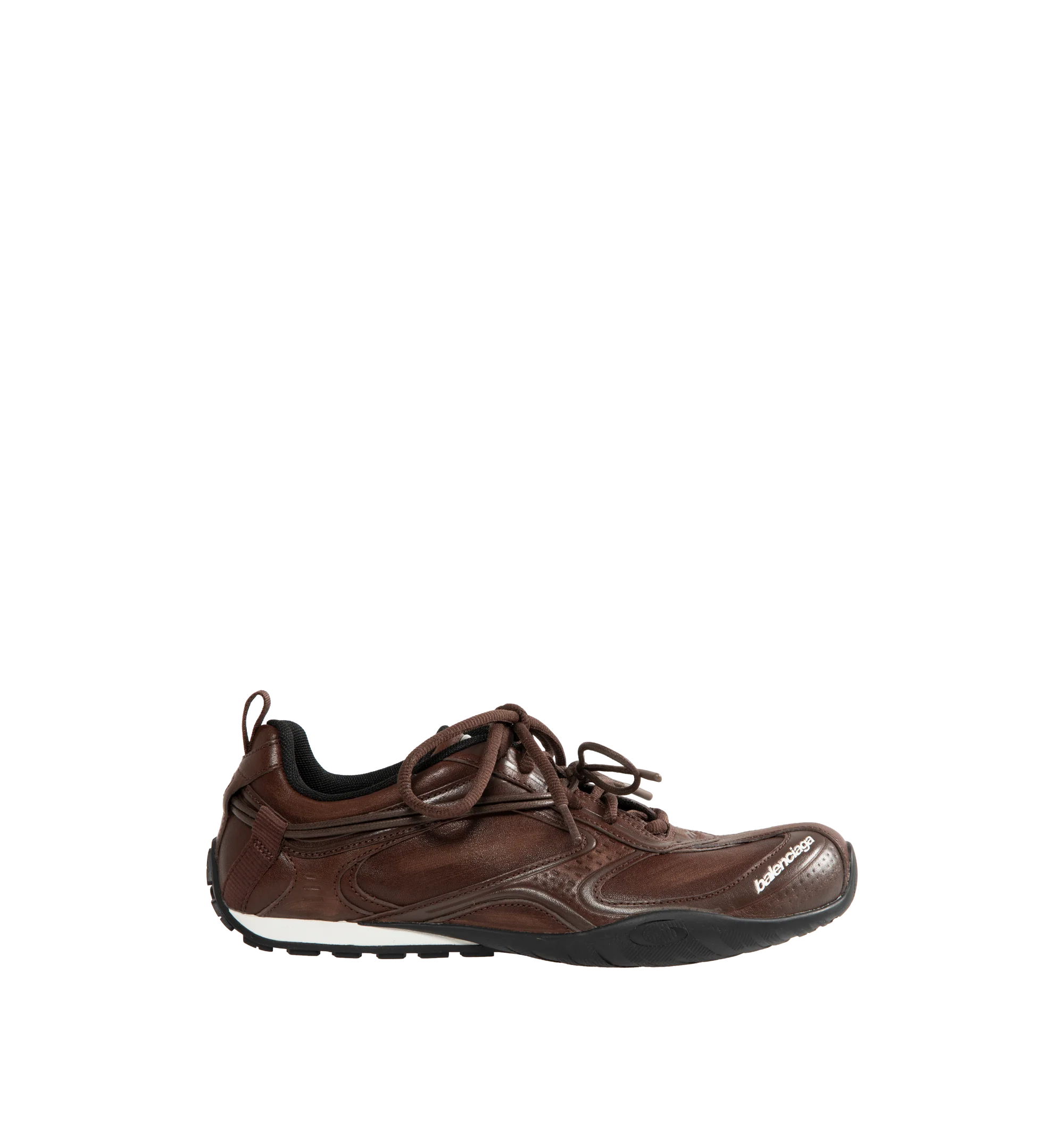 Image 1 of 5 - BROWN - Balenciaga Men's Radar Leather Sneakers are crafted from premium cowskin leather and feature a streamlined low-top silhouette with a distinctive worn-in finish, double lacing system, and debossed Balenciaga and 3B Sport logo detailing. Inspired by speed and technical performance, these designer sneakers are finished with a padded foam insole, durable rubber outsole with signature loop sports icon artwork, a back pull tab, and a sleek profile for elevated everyday wear. Upper: Cowskin