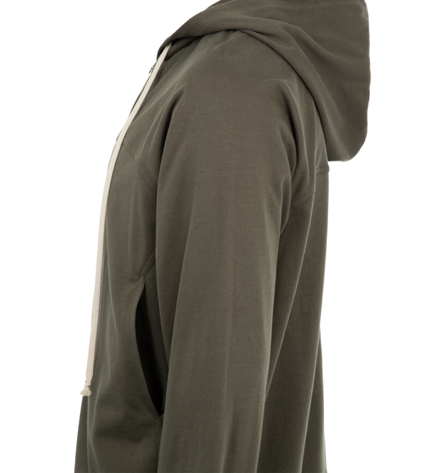 Image 3 of 3 - GREEN - RICK OWENS Windbreaker Hoodie featuring a paneled design, drawstrings at the hood, patch pockets at the waist, front zip closure and elasticized cuffs and hem. 100% cotton. Made in Italy.