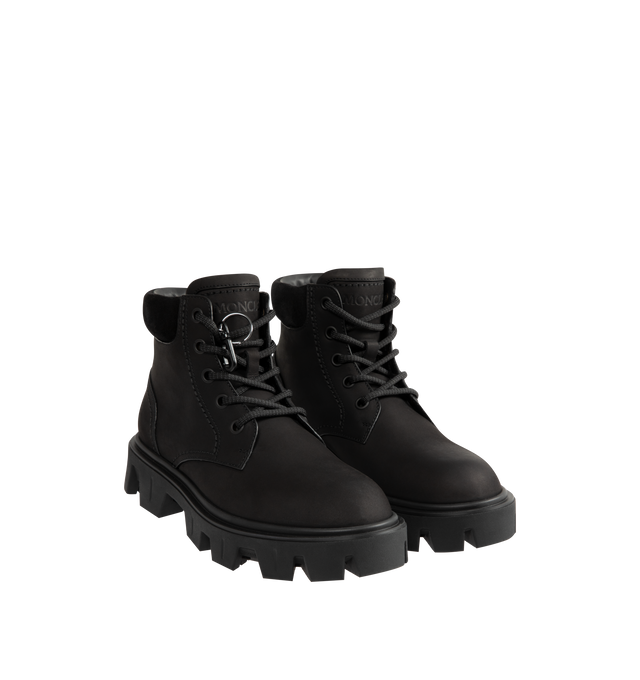 Image 2 of 4 - BLACK - Moncler Mens Peak City Lace-Up Boots feature a nubuck and suede upper. Designed with a lace-up closure, leather welt, leather and mesh lining, cushioned back collar, rubberized TPU outsole, 13.5 cm shaft height, and 4 cm sole. Upper: Cow Leather; Lining: Cow Leather and 100% Polyamide/Nylon; Sole: 100% Elastodiene. Made in Italy.
