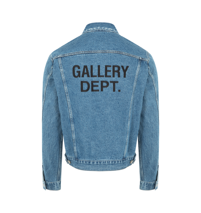Image 2 of 3 - BLUE - GALLERY DEPT. Vintage Andy Jacket Washed Denim featuring fitted silhouette, cropped length, long sleeves, button closure, two button flap pockets, embroidered logotype on the back and applique patch at the cuff. 100% cotton. 