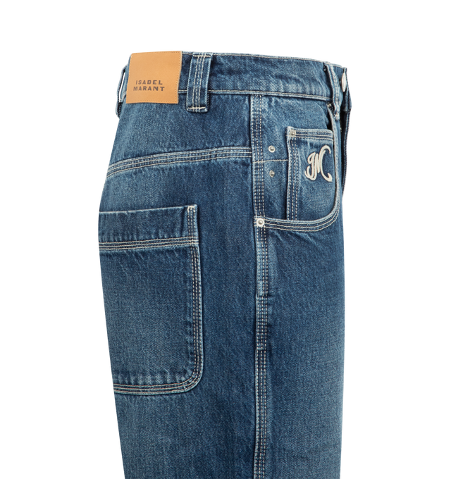 Image 3 of 3 - BLUE - ISABEL MARANT Jeyda Pants featuring 5-pocket topstitched organic cotton denim jeans with rivets, fitted waistband with loops, two engraved metal buttons and a hidden zipper, contrasting "IM" embroidery inside the right pocket, medium-rise waist and straight legs. 100% cotton.