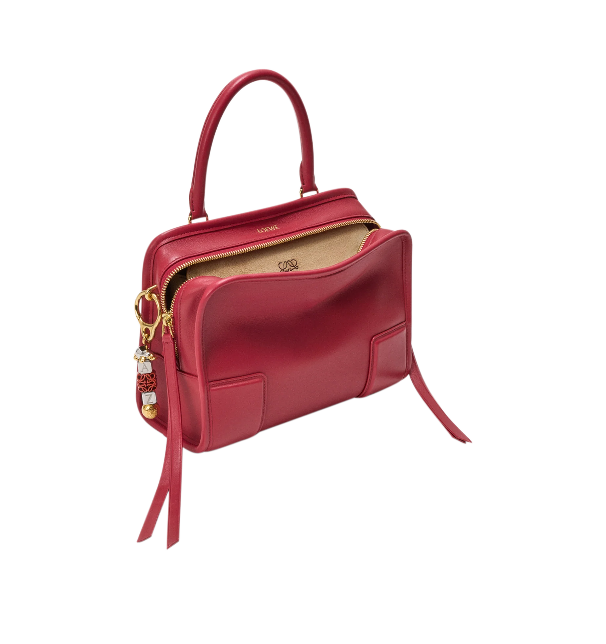 Image 18 of 18 - RED - Loewe Small Amazona 180 Bag in leather features a relaxed silhouette anchored by a single toron top handle, designed to be carried open, while a concealed closure secures the main compartment, three carry options: short handle, removable shoulder strap and crossbody, zip closure with two leather zip pullers, two compartments, main compartment closed with magnetic closure, internal flat pocket, left side d-ring for customization, nappa lambskin lining, and embossed double L branding. L