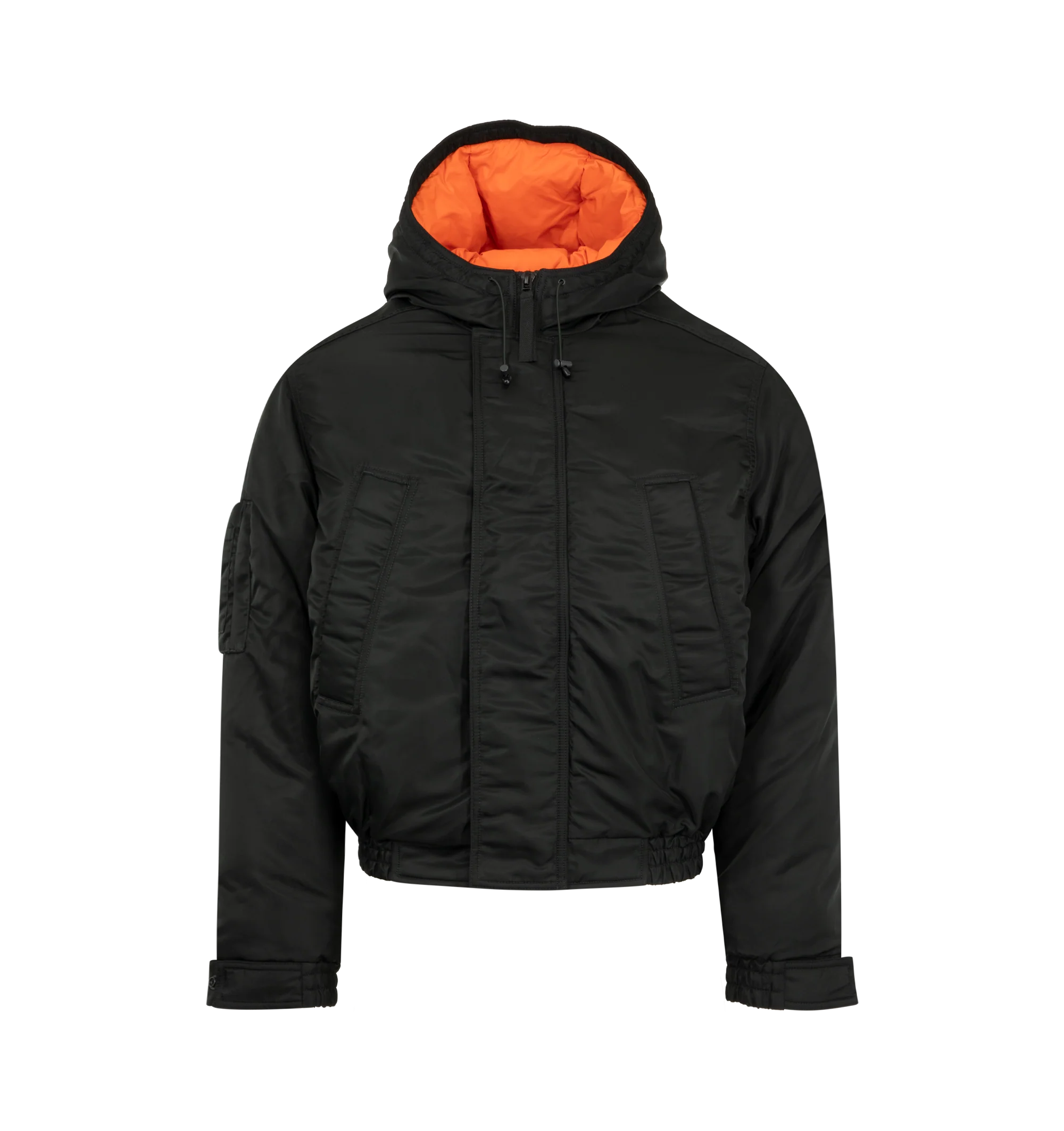 Image 1 of 3 - GREEN - Canada Goose Men's Windrow Bomber is crafted from durable recycled poly twill and features an intentionally oversized, hip-length silhouette designed for flexible all-season wear. Filled with 750 fill power responsibly sourced down, this bomber is equipped with an adjustable hood, concealed snap placket over a front zip closure, rib-knit cuffs and hem, and adjustable snap cuffs to help retain warmth. Functional details include a bicep pocket on the right sleeve, two exterior welt pock