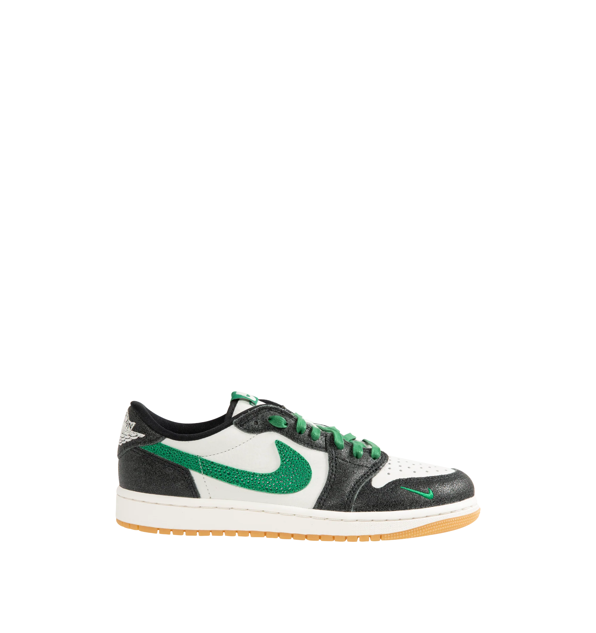 Image 1 of 5 - GREEN - Men's Air Jordan 1 Retro Low OG "Phantom and Pine Green" Sneakers feature a genuine leather upper with the iconic low-top silhouette for a timeless heritage look. These lifestyle sneakers combine encapsulated Air-Sole cushioning with a durable rubber outsole for lightweight comfort, lasting support, and reliable traction. Main Material: Genuine Leather. Midsole: Encapsulated Air-Sole Unit. Sole: Rubber.