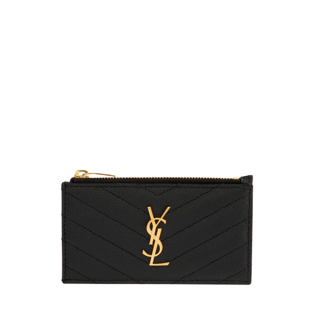 Image 1 of 3 - BLACK - SAINT LAURENT Zip Cardcase featuring cassandre logo, quilted overstitching, tanned leather, gold-toned metal hardware, zip closure, 5 card slots and 1 zip pocket. 5.1 x 3.1 x 0.7 inches. Calfskin. Made in Italy.