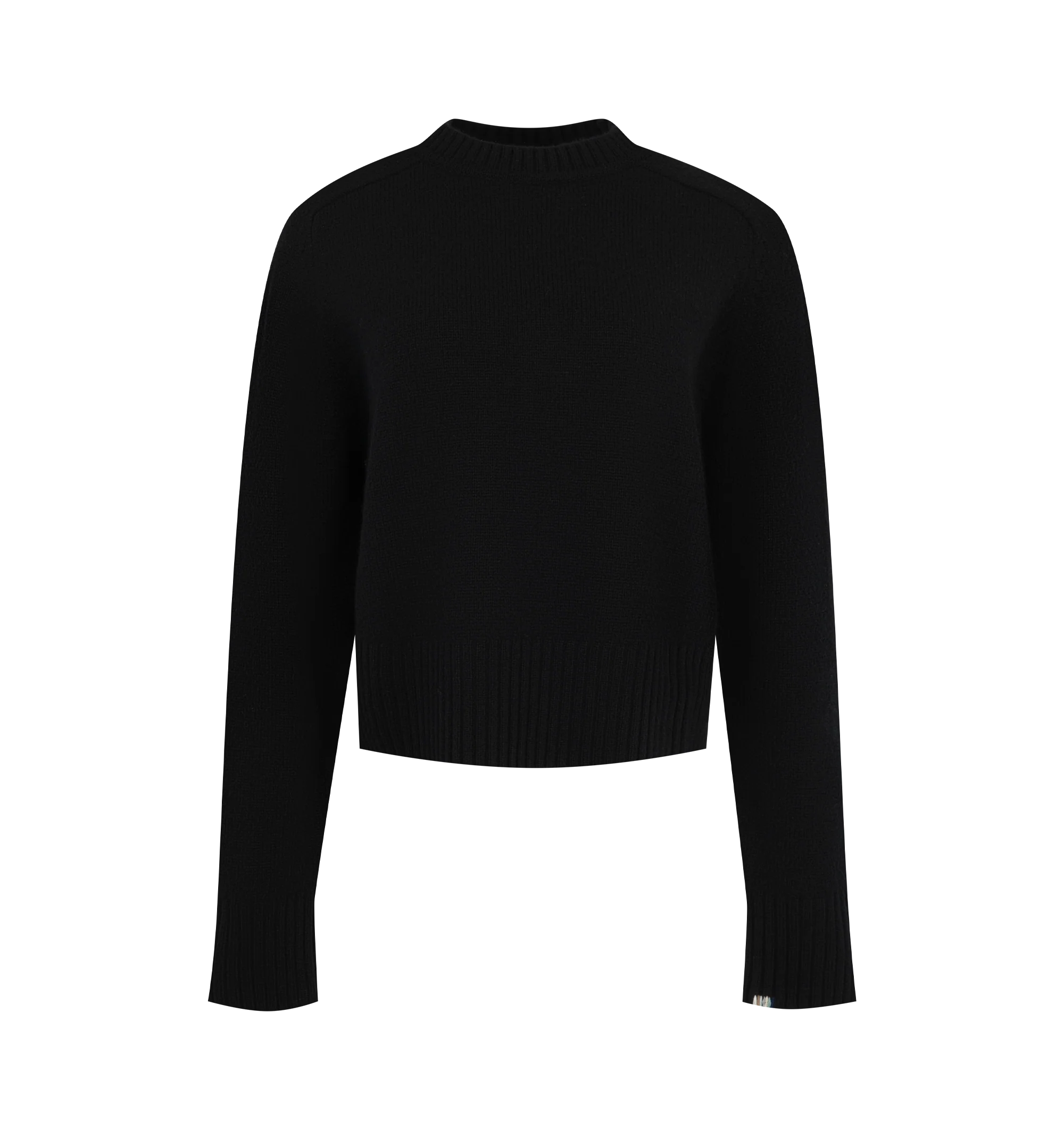 Image 1 of 2 - BLACK - Extreme Cashmere Women's N167 Please Sweater is crafted from heavyweight cashmere and features a classic crew neckline, saddle sleeves, and ribbed trim inspired by traditional Scottish knitwear. This designer cashmere sweater combines exceptional softness with timeless craftsmanship, making it a warm and versatile wardrobe essential for everyday wear. Main Material: 100% Cashmere.