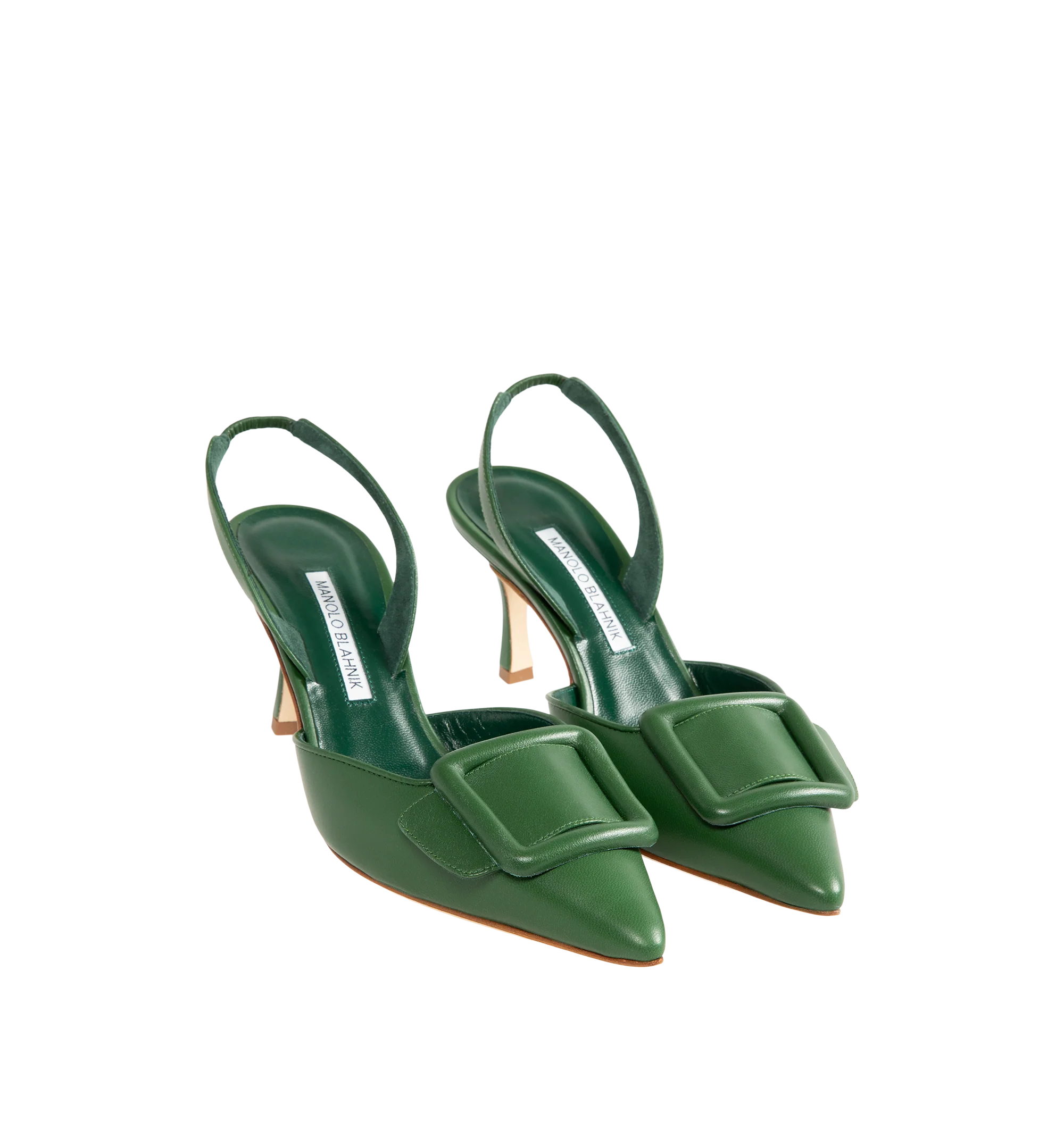 Image 2 of 4 - GREEN - Manolo Blahnik Women's Maysli slingback pumps featuring pointed toe, decorative buckle detail, elasticated slingback strap and stiletto mid 70mm heel. Upper: 100% leather. Sole: 100% leather. Lining: 100% goat skin. Made in Italy.