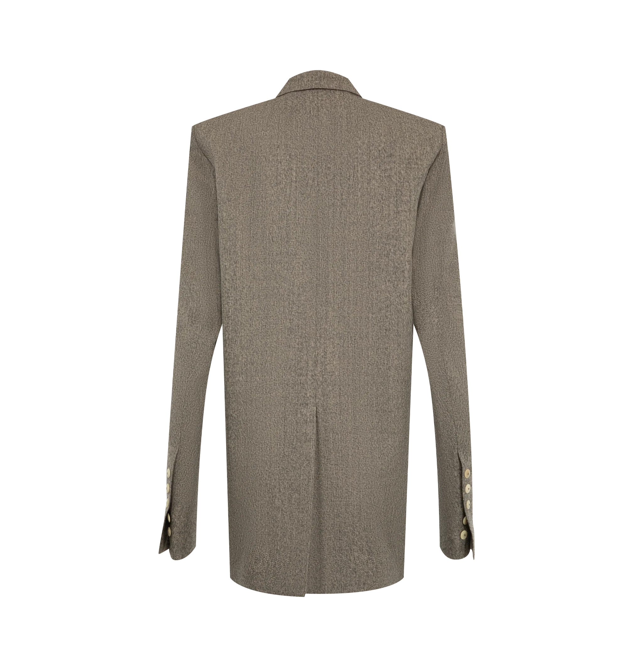Image 2 of 2 - NEUTRAL - Rick Owens Women's Concordian Jacket is crafted from black melange Bishu wool and features a below-hip tailored silhouette with classic sloping shoulders and a slim lapel. Designed with a double-button closure, lower front jet pockets, five-button cuffs, a back vent, and two internal buttoned pockets for a refined interpretation of classic tailoring. Main Material: 100% Wool. Lining: 100% Cupro. Buttons: 100% Buffalo Horn.