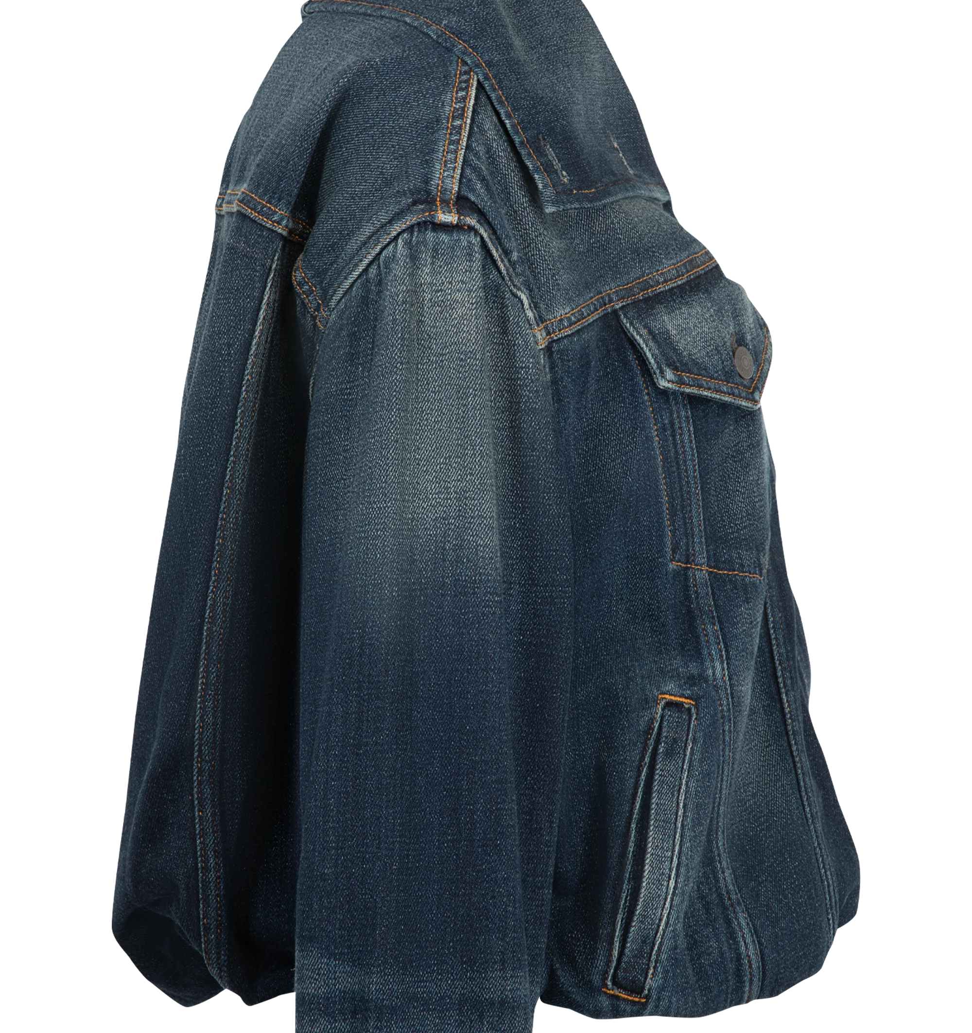 Image 3 of 3 - BLUE - Acne Studios Women's Cropped Denim Jacket is crafted from indigo-blue denim twill and features a regular-fit silhouette with a structured high neck and cropped length. Designed with branded button closures, front and side pockets, and a distinctive balloon hem that creates a gathered shape. Main Material: 100% Cotton. Lining: 65% Polyester, 35% Cotton.  