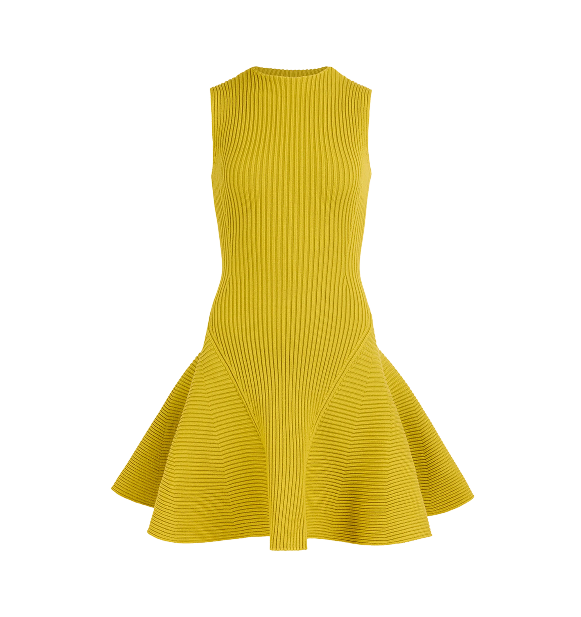 Image 1 of 1 - YELLOW - Alaa Women's Rib Knit Skater Dress is crafted from a wool blend with a touch of stretch for comfort and shape retention. The sleeveless, crew-neck design features a fitted bodice that flares into a feminine knee-length skirt, creating the brand's signature fit-and-flare silhouette. Main Material: 89% wool, 10% polyamide, 1% elastane. Flounce: 85% wool, 14% polyamide, 1% elastane. Made in Italy.