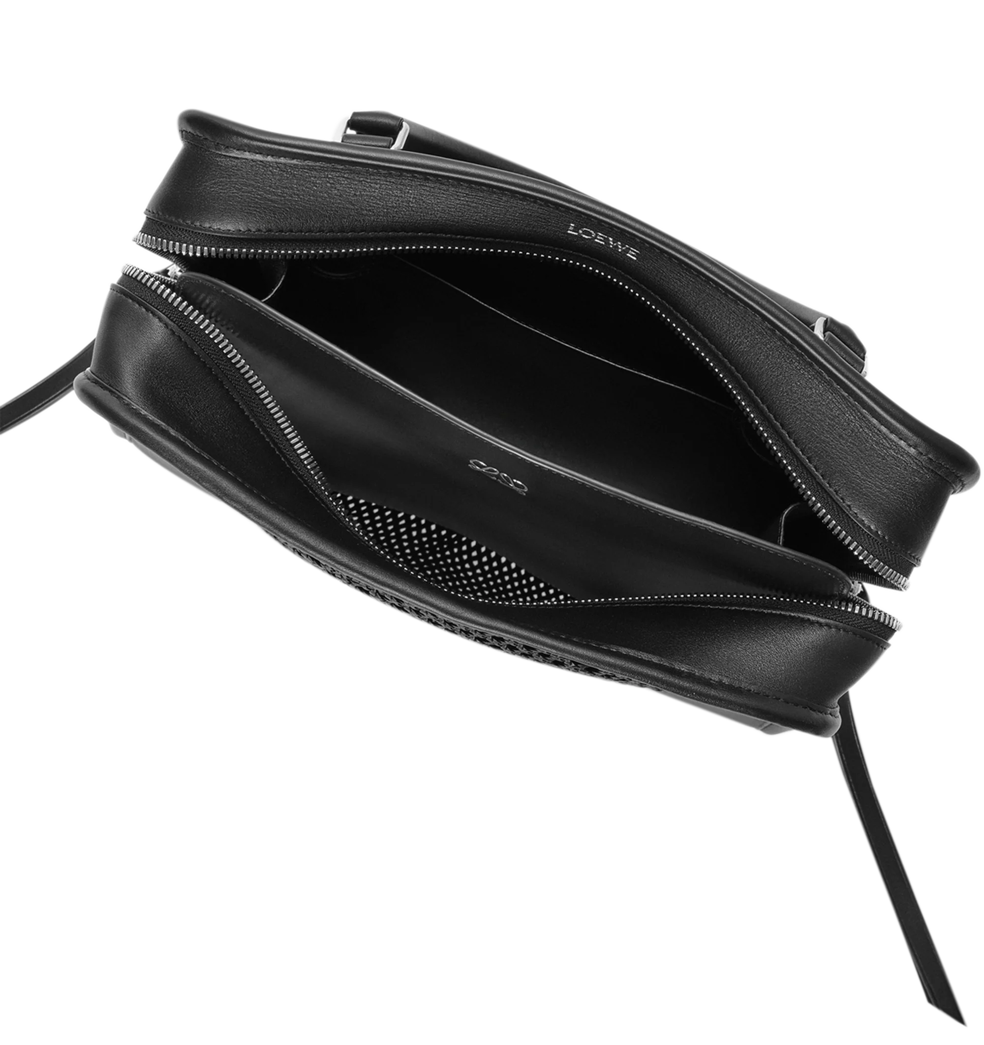 Image 10 of 14 - BLACK - Loewe Women's Medium Amazona 180 Bag is crafted from woven nappa calfskin and features a relaxed silhouette inspired by one of the house's iconic designs. Designed with a single Toron top handle and removable shoulder strap, it can be carried by hand, over the shoulder, or crossbody. A concealed magnetic closure, zip fastening with dual leather pullers, two compartments, an internal flat pocket, and a side D-ring provide functional organization. Finished with palladium-tone hardware