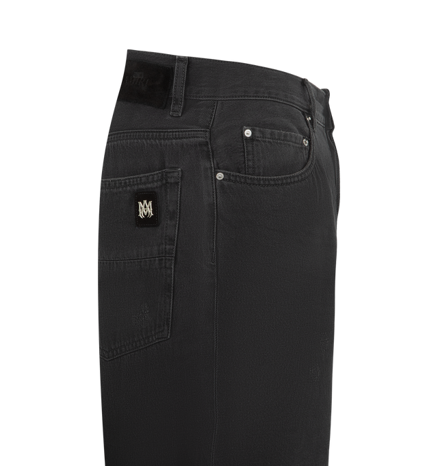 Image 3 of 3 - BLACK - AMIRI Baggy Jean featuring exposed button and concealed zip-fly fastening at front, baggy fit, mid-rise, wide leg, structured waistband with belt loops, five pockets, MA logo plaque at back, branded silver-toned hardware and suede logo patch at back. 100% cotton. Made in Romania. 
