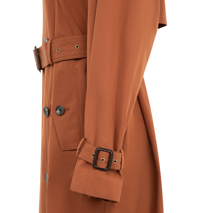 Image 3 of 3 - BROWN - SAINT LAURENT Trench Coat in water-repellent cotton and silk featuring oversized fit, double-breasted ten-button closure, adjustable and detachable belt, a three-way ulster collar and adjustable throat latch, storm flap, buttoned epaulets, strapped cuffs, two buttoned flap pockets at the front and silk lining. 89% cotton, 11% silk. Made in Italy.