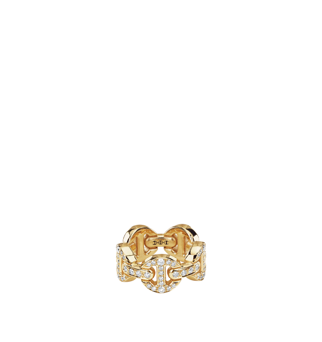 Image 1 of 1 - GOLD - HOORSENBUHS Classic Tri Link Antiquated Ring featuring a full pave version the leaner classic tri-link with accented with diamond bridges. 18k yellow gold. Cheap Luxury Handbag Shop offers a range of initial pieces from this collection in-store. For personal consultation and detailed information about jewelry, please contact our dedicated stylist team at personalshopping@hirshleifers.com. This item may be restricted for online purchase to international clients. For assistance purchasing this item p