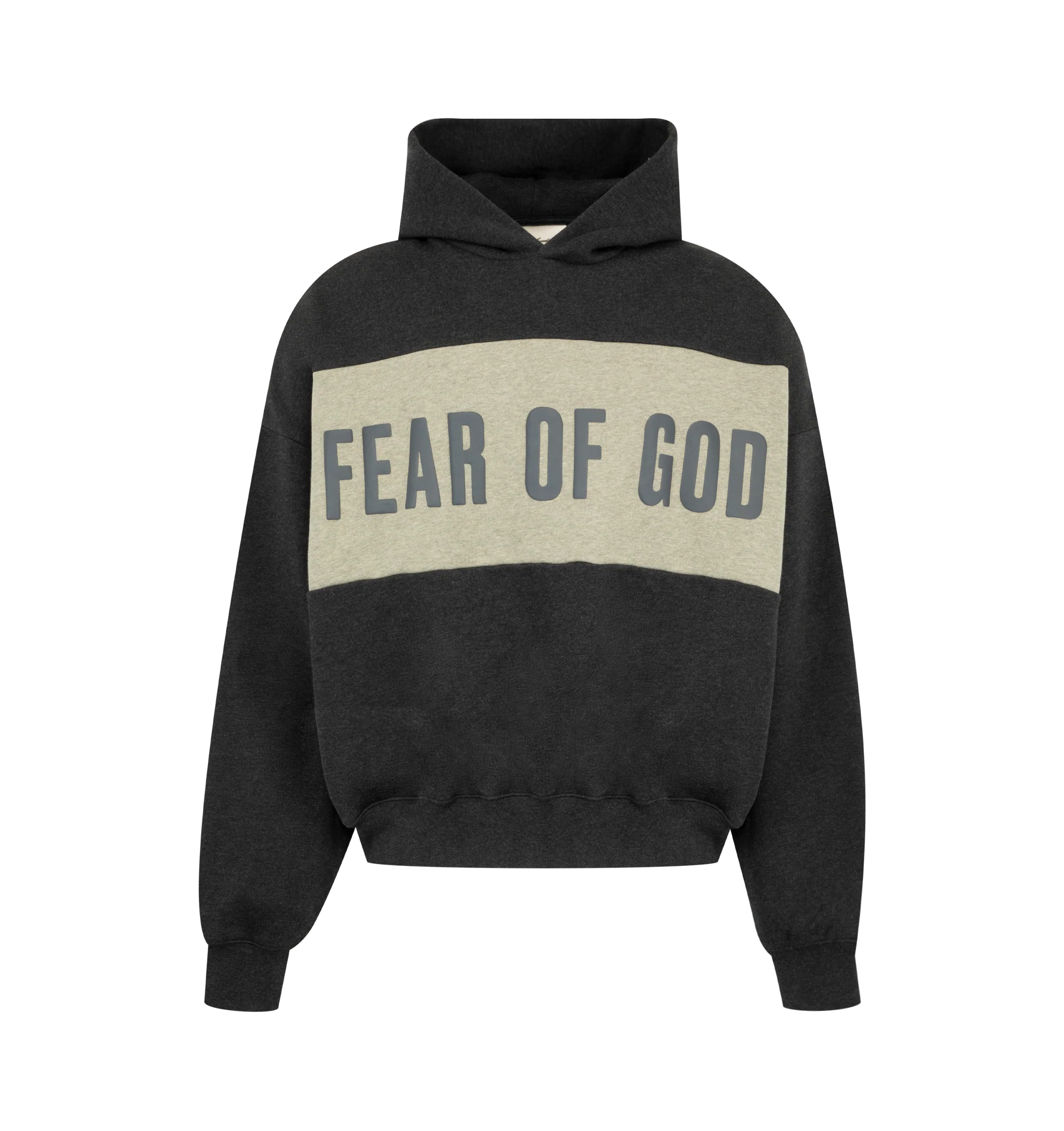 Image 1 of 3 - GREY - Fear of God Essentials Mens Cropped Relaxed Paneled Hoodie is crafted from heavyweight 380 GSM cotton-blend core fleece. Features a relaxed cropped fit, paneled construction, hood, side pockets, ribbed cuffs and hem, puff-printed Fear of God graphic at the front, puff-printed Essentials graphic at the back, and an Essentials signature label on the hood. Main Material: 80% Cotton, 20% Polyester.