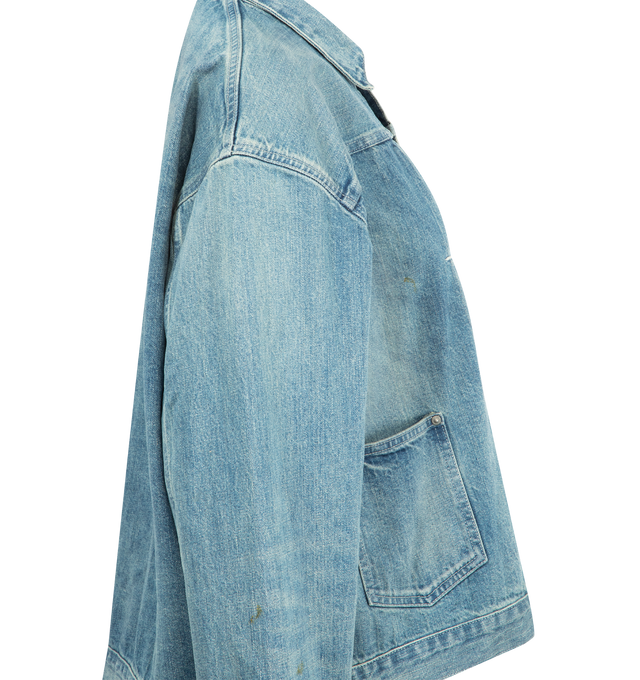 Image 5 of 5 - BLUE - CHIMALA Amoskeag Selvedge Denim Chore Jacket featuing button up front, button cuffs, foldover collar, single chest pocket, two waist pockets and tonal stitching. 100% cotton. Made in Japan.