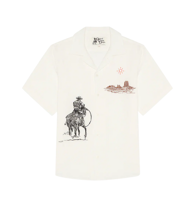 Image 1 of 2 - WHITE - ONE OF THESE DAYS Tomorrow Has Already Spoken Camp Shirt featuring front button closure, embroidered graphic detail throughout, midweight linen fabric, camp collar and short sleeves. 80% viscose, 20% linen.