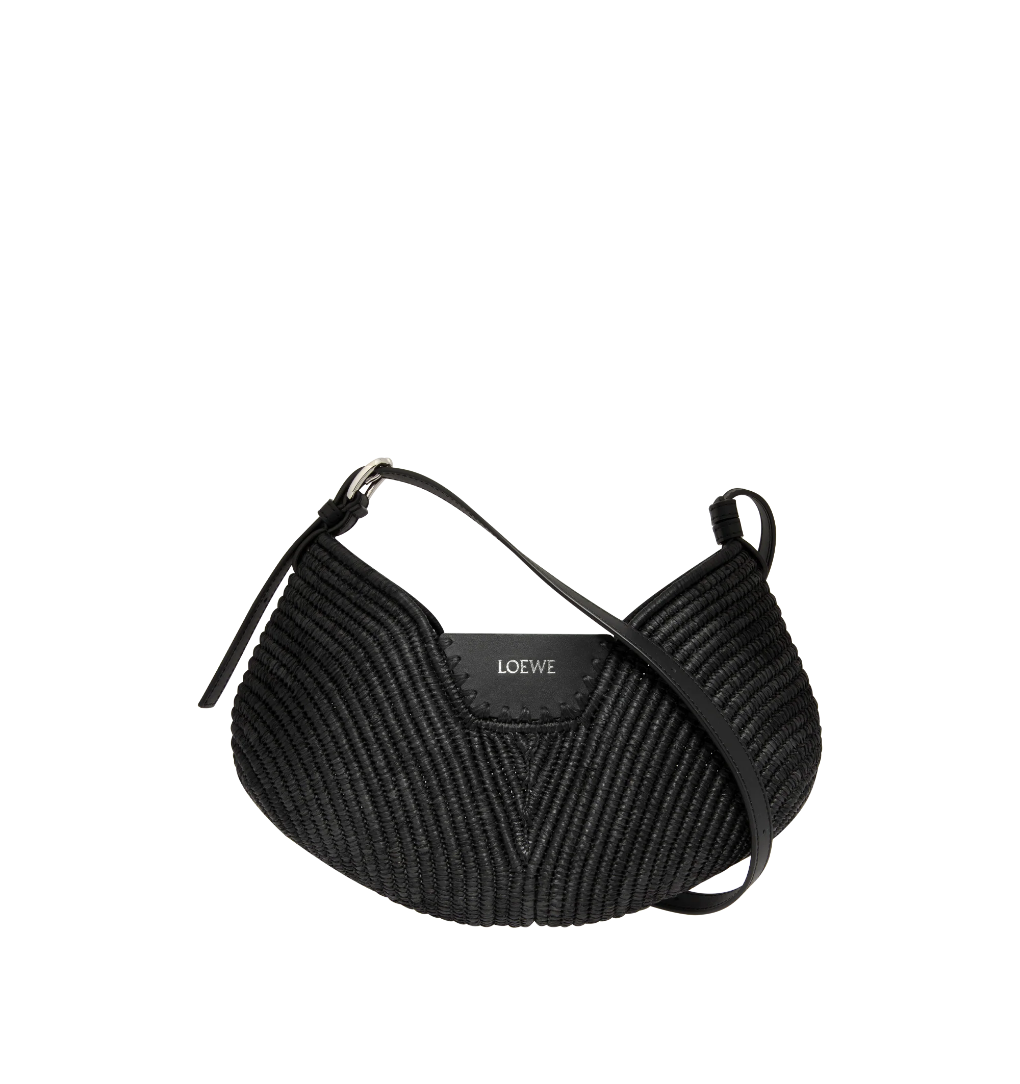 Image 1 of 3 - BLACK - Loewe Womens Swing Bag is crafted from raffia with calfskin trim. Features a fortune cookie silhouette, adjustable shoulder and crossbody strap, magnetic closure, handcrafted Canutillo detailing, signature buckle, unlined interior, and embossed LOEWE logo. Dimensions: 35 22 11 cm; Strap Length: 1797 cm; Strap Drop: 653 cm. Main Material: Raffia, Calfskin. Made in Spain.