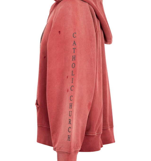 Image 4 of 4 - RED - Enfants Riches Deprimes Oklahoma City Church hooded raglan sweatshirt crafted from medium weight brushed French terry. Featuring a classic vintage fit, attached "after" hood at neck opening, rib knit cuffs and waist, vintage wash process and distressing throughout, and printed artwork at the front. Made in USA.