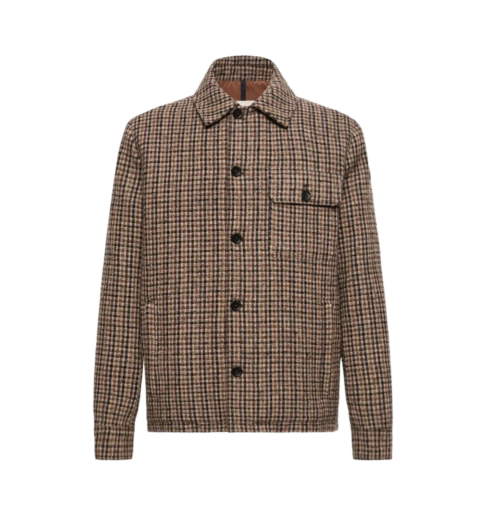 Image 1 of 1 - BROWN - Moncler Men's Norfol Wool Blend Down Shirt Jacket combines the refined look of a shirt jacket with the warmth of premium down insulation. Crafted from a luxurious wool-blend fabric, this versatile layering piece offers lightweight comfort, modern sophistication, and Moncler's signature balance of function and style. EXTERIOR: 63% Wool, 23% Polyamide / Nylon, 14% Lyocell; LINING: 100% Polyester; PADDING: 90% Down, 10% Feather; DETAILS PADDING: 100% Polyester; 1 MATERIAL: 73% Polyester,