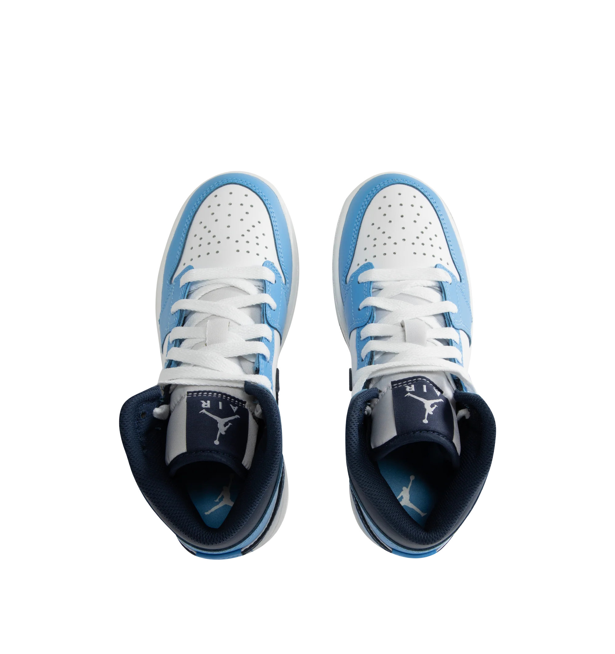 Image 5 of 5 - BLUE - Men's Air Jordan 1 Mid Sneakers feature a leather, synthetic leather, and textile upper with the iconic mid-top silhouette for a timeless heritage look. These lifestyle sneakers combine lightweight Nike Air cushioning, a foam midsole, and a durable rubber outsole with a pivot-circle traction pattern for lasting comfort, support, and reliable grip. Main Material: Leather, Synthetic Leather, and Textile. Midsole: Foam with Nike Air Cushioning. Sole: Rubber.