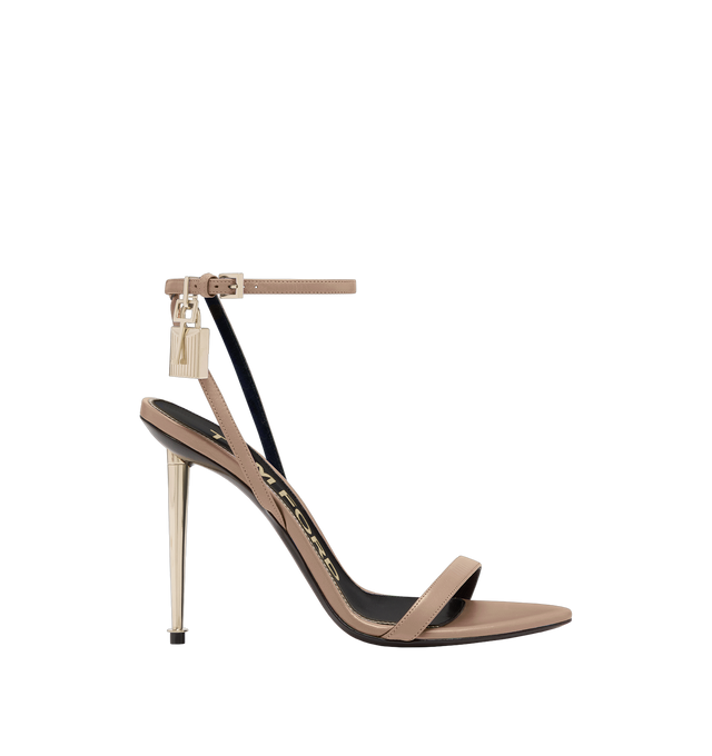 Image 1 of 7 - BROWN - TOM FORD Shiny Kid Pointy Naked Sandal featuring pointy toe shape, signature padlock metal hardware, 105mm metal spike heel, adjustable buckle ankle strap and buckles with engraved logo. Leather.