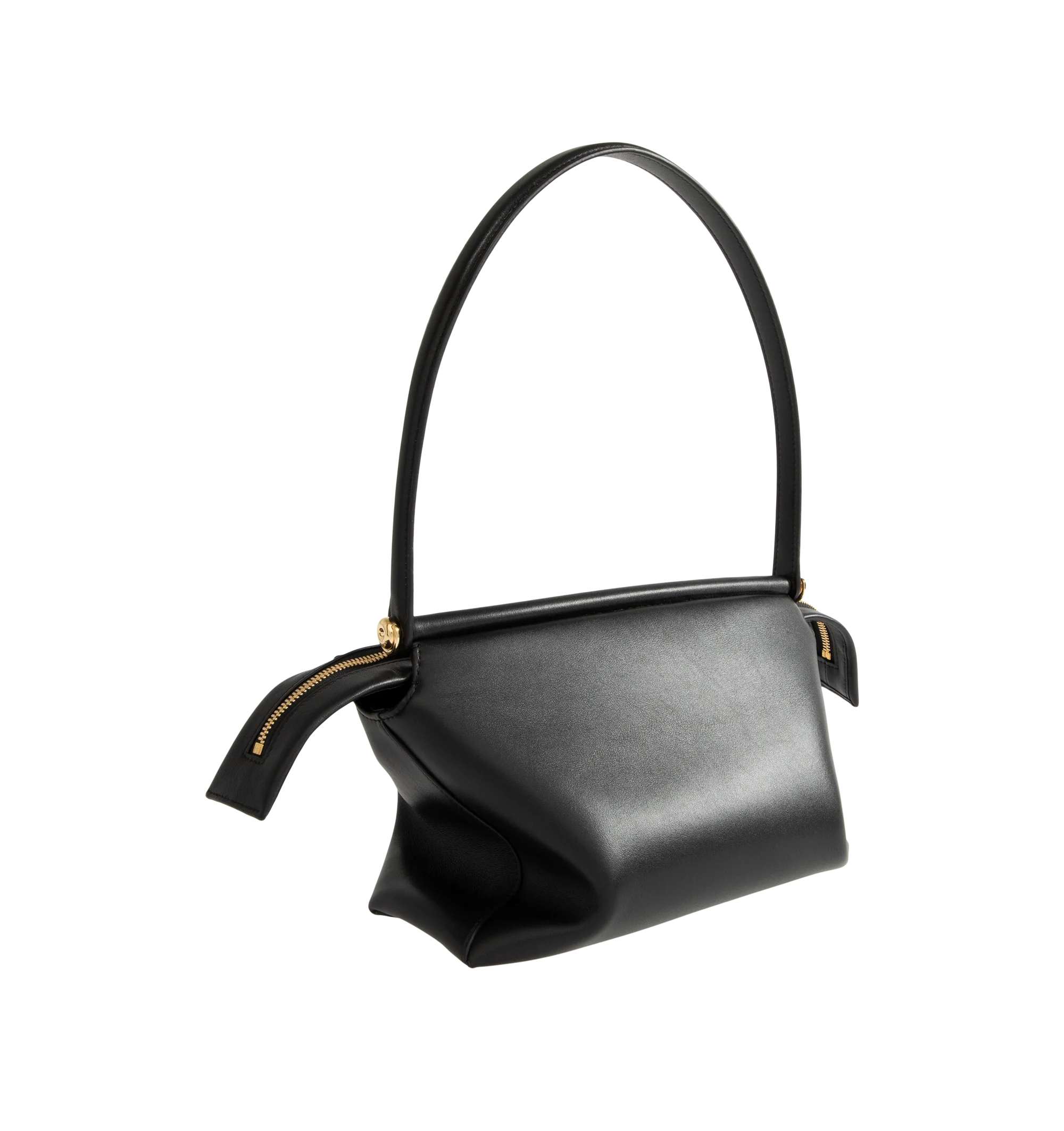 Image 2 of 3 - BLACK - Loewe Small Whisker Bag is crafted from black glazed calfskin and features a slouchy silhouette with a structured handle and oversized zip opening. Designed for shoulder, crossbody, or hand carry, it includes a detachable strap with rotating dog clips, articulated zipper pulls, foldable D-rings, an exterior flat pocket, and an interior flat pocket. Gold-tone hardware and embossed Loewe and Double L branding complete the design. Fits a large phone, small wallet, sunglasses, and keys. M