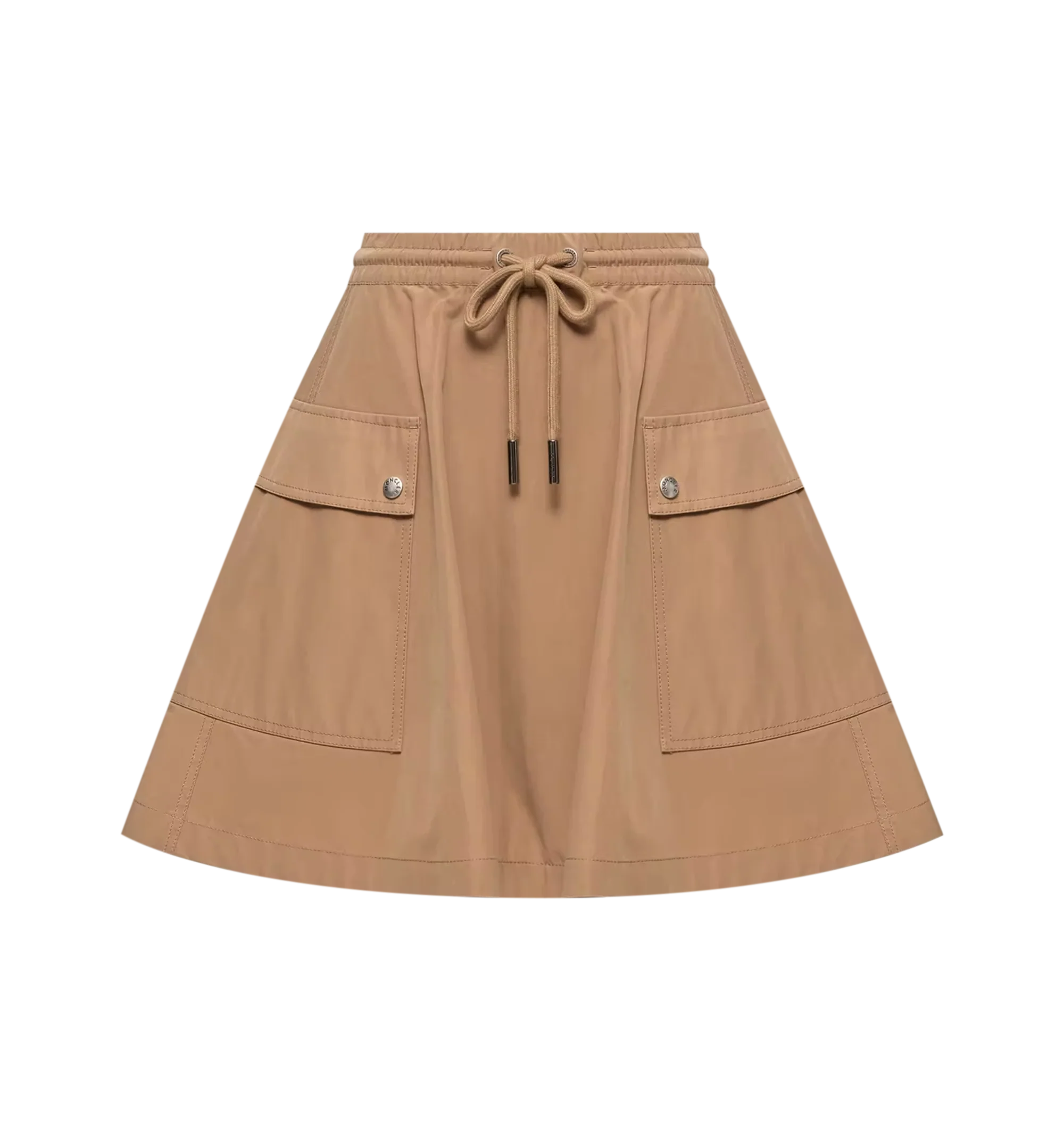 Image 1 of 1 - BROWN - Moncler Women's Cotton Blend A-Line Mini Skirt is crafted from a waxed cotton blend and features a contemporary A-line silhouette inspired by utilitarian workwear. Designed for the elements with an elasticated adjustable drawstring fastening, cargo patch pockets, and a signature Moncler logo patch. Main Material: 51% Polyester, 49% Cotton. Made in Romania.
