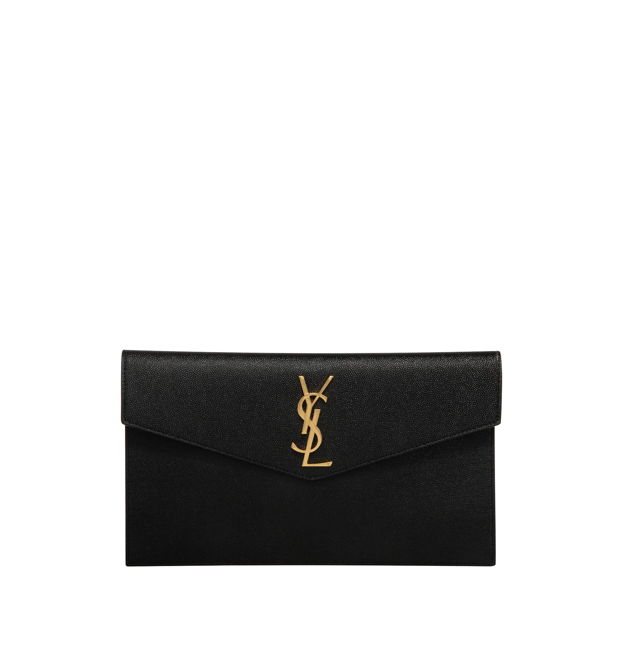 Image 1 of 3 - BLACK - SAINT LAURENT Uptown Envelope Pouch in grained calfskin leather with magnetic snap closure and metal logo hardware. 10.6 X 6.2 X 0.7 inches. 100% calfskin leather. Made in Italy.