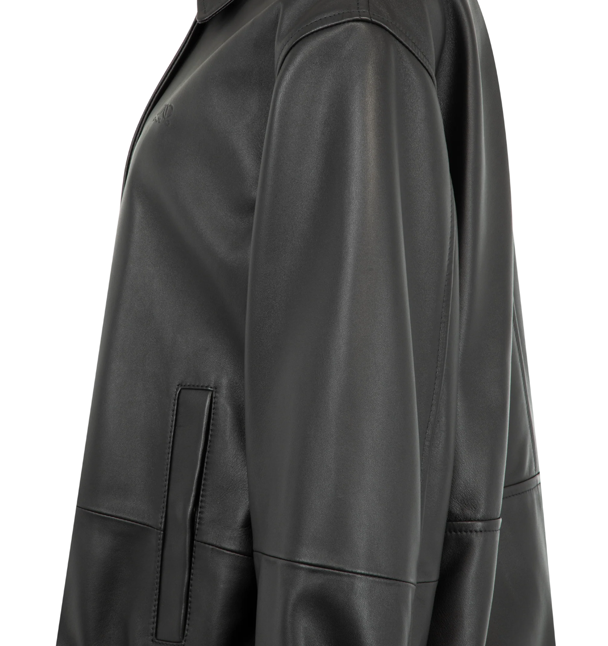 Image 4 of 4 - BLACK - Loewe Women's Drawstring Leather Jacket is crafted from lightweight nappa lambskin and features an adjustable drawstring hem. Designed with a relaxed fit and regular length, it is finished with a classic collar, concealed snap-button and zip-front fastening, snap-button cuffs, buttoned welt pockets, inside welt pockets, and a debossed Double L detail at the chest. Main Material: Nappa lambskin. Fully lined. Made in Spain. 