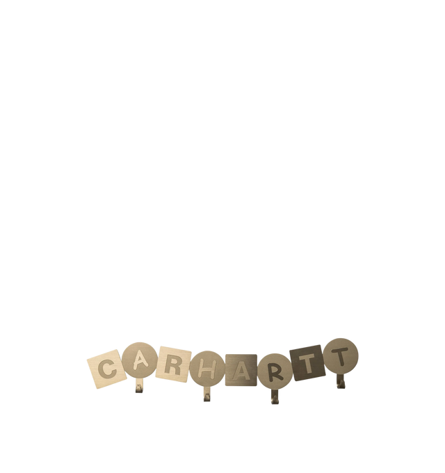 Image 1 of 3 - GOLD - CARHARTT WIP ABC Wall Coat Hanger featuring stainless steel with gold-tone plating, four hooks, engraved lettering and screws and dowels are included, which can be used to attach the hanger to the wall. 304 Stainless Steel. 15 x 8.5 x 1.8 inch.