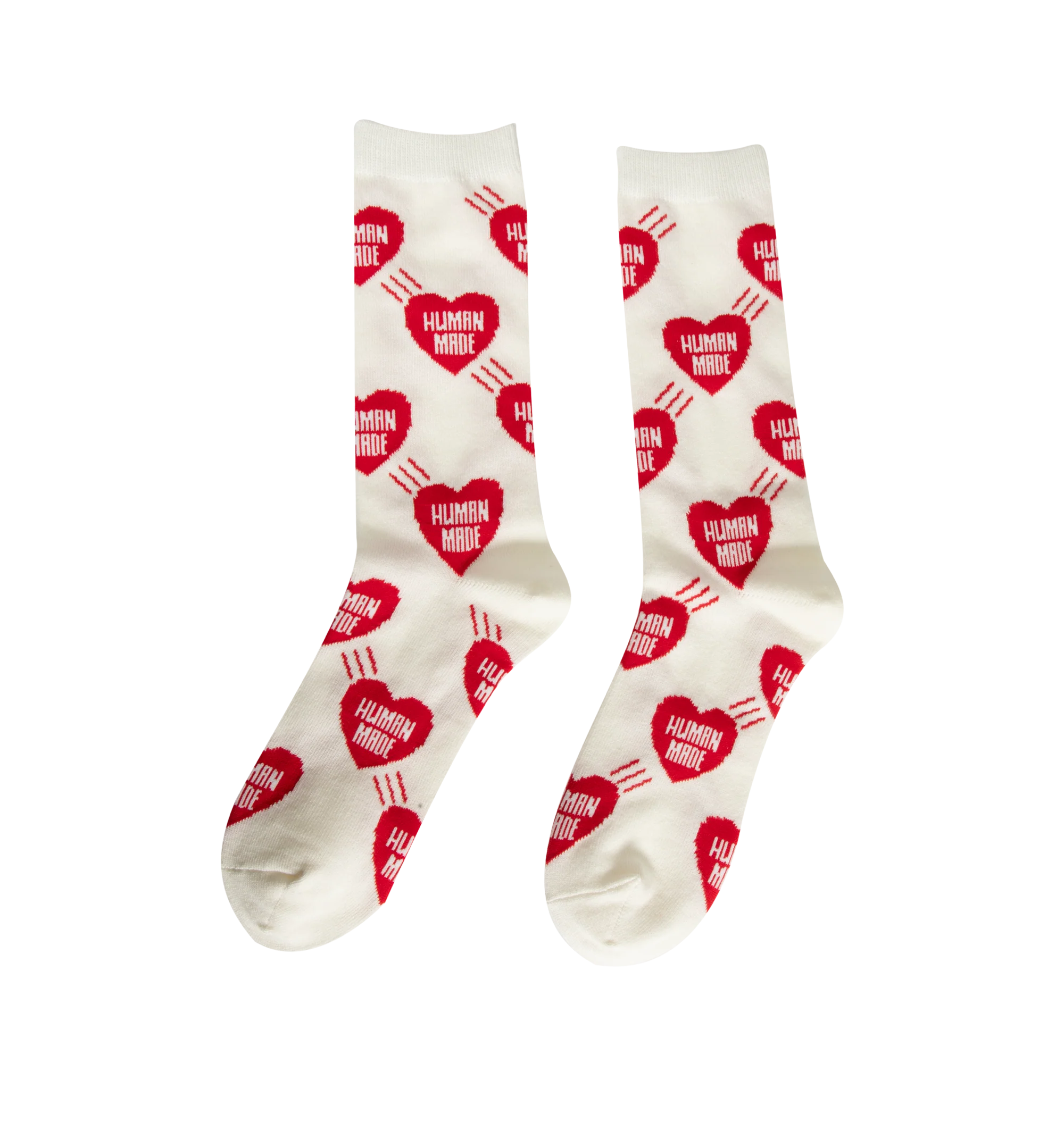 Image 2 of 2 - WHITE - Human Made Heart Socks are crafted from a lightweight cotton-blend fabric and feature a mid-length silhouette with an allover heart logo pattern. Designed with jacquard-woven heart graphics, elastic cuffs, and signature HUMAN MADE branding that adds a playful accent to everyday wear. Main Material: 48% Cotton, 19% Nylon, 18% Acrylic, 13% Polyester, 2% Spandex.  