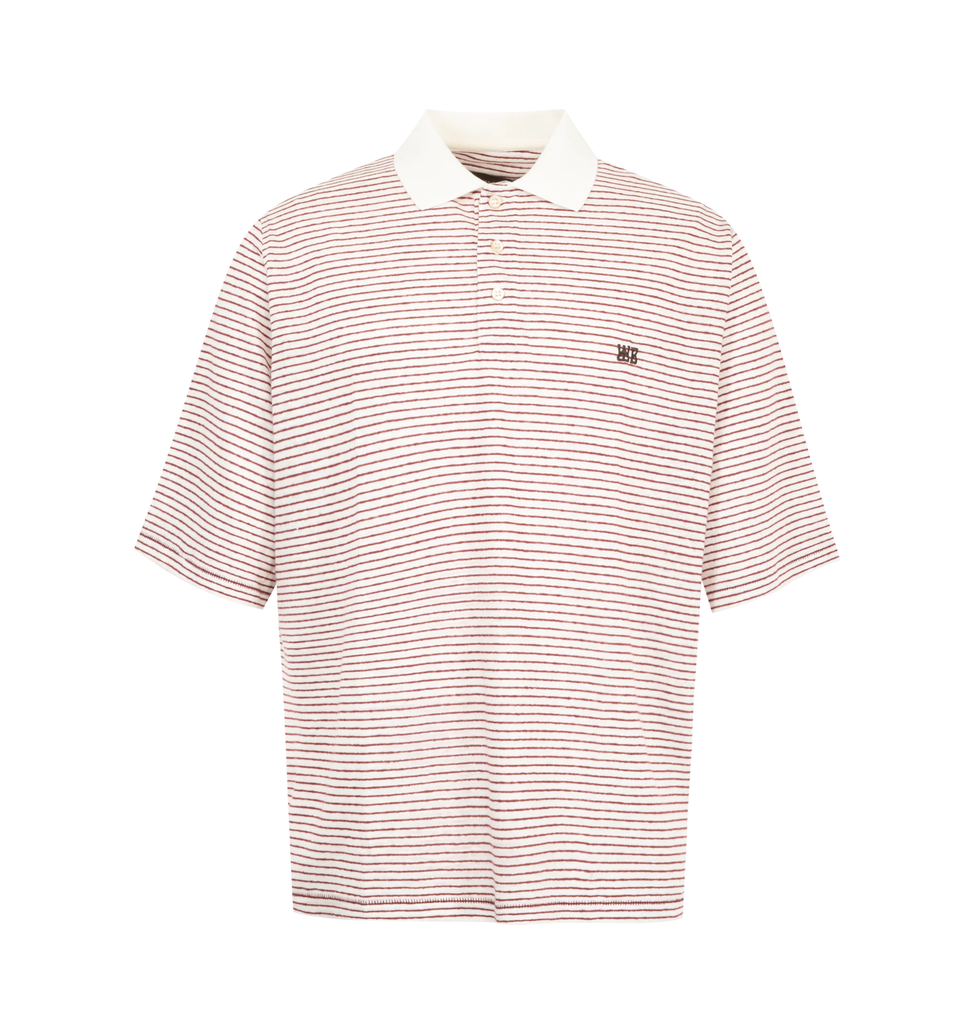 Image 1 of 2 - RED - Wales Bonner Men's Bask Striped Linen and Cotton Polo Shirt is crafted from a lightweight linen and cotton blend and features an allover striped motif with a contrasting white polo collar. Designed in a relaxed silhouette, this short-sleeve polo showcases the houses distinctive approach to color and texture while maintaining a refined casual feel. Main Material: 88% Linen, 12% Cotton. Details: 100% Cotton. Collar: Polo Collar. Sleeves: Short Sleeves. Fit: Loose Fit. Made in Portugal.