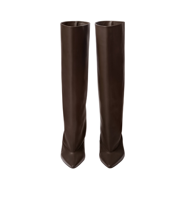 Image 3 of 4 - BROWN - JACQUEMUS High Tourni Boots featuring structured tubular boots in smooth leather, Trompe-oeil smooth leather pump shape, pointed toe, cut below the knee, lambskin leather insole and lining, 4.5cm asymmetric twisted heels with lacquered finish and contrast outsole. 100% calf leather. Outsole: 100% cow leather. Made in France.