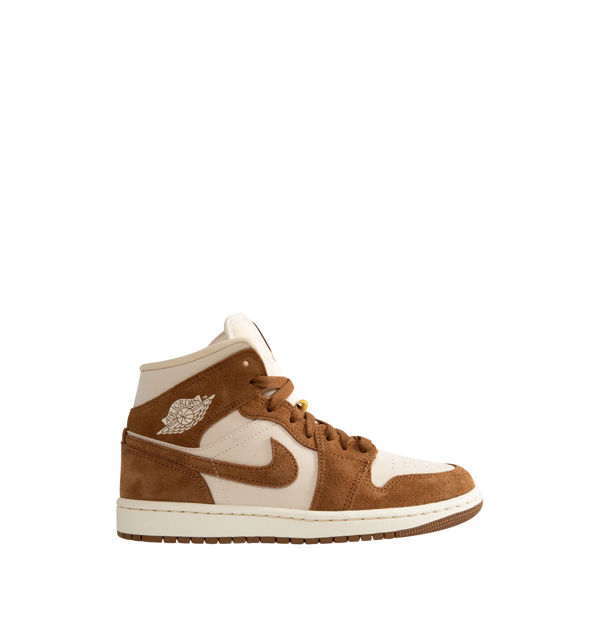 Image 1 of 5 - BROWN - Women's Air Jordan 1 Mid Sneakers feature a genuine and synthetic leather upper with a classic mid-top silhouette for durable comfort and timeless style. Inspired by the iconic original, these lifestyle sneakers combine lightweight Air-Sole cushioning, a padded collar, and a durable rubber outsole for everyday support and reliable traction. Main Material: Genuine Leather and Synthetic Leather. Midsole: Foam with Air-Sole Unit. Sole: Rubber.