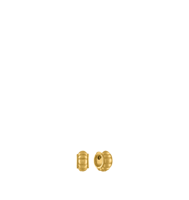 Image 1 of 2 - GOLD - PROUNIS Melon Huga Hoop Earrings featuring 22K gold, ridged design, hinged closure and hug hoops. 7mm x 11mm. Cheap Luxury Handbag Shop offers a range of pieces from this collection in-store. For personal consultation and detailed information about jewelry, please contact our dedicated stylist team at personalshopping@hirshleifers.com.