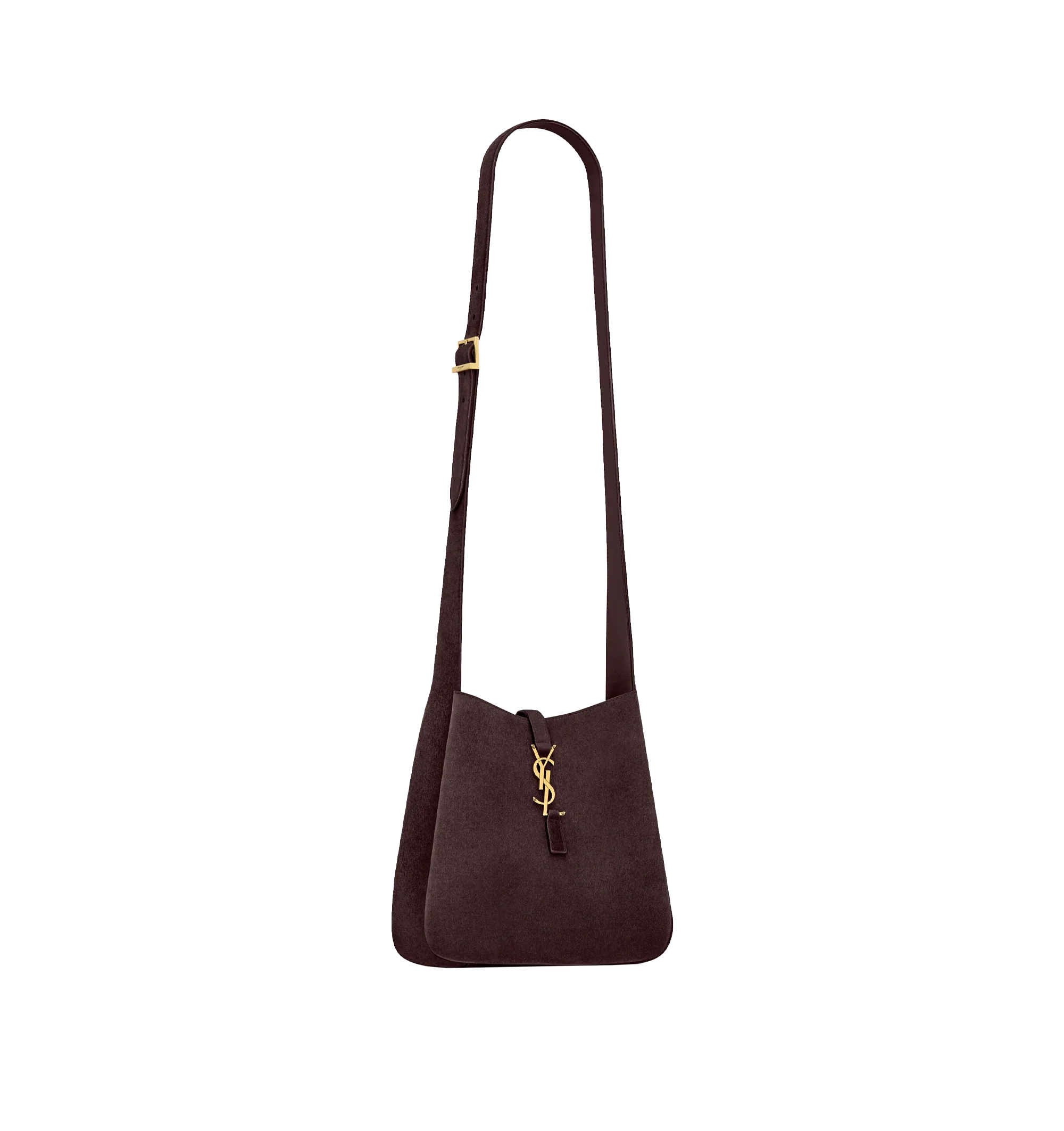 Image 3 of 5 - BROWN - Saint Laurent Women's Le 5 7 Supple Crossbody Bag is crafted from calfskin suede with a tonal suede lining. The spacious silhouette features bronze-tone hardware, a Cassandre hook closure, a removable zip pouch, and an adjustable strap for crossbody carry. Fits a large phone, wallet, sunglasses, and keys. Main Material: Calfskin Leather. Hardware: Brass. Dimensions: 22.5 x 23 x 8.5 cm / 8.9 x 9.1 x 3.3 in. Strap Drop: 50 cm / 19.7 in. Made in Italy.