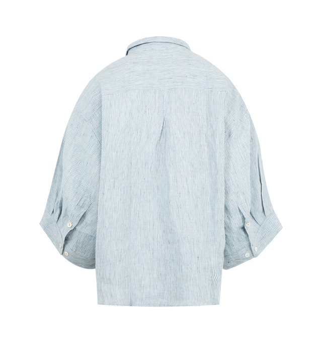 Image 3 of 6 - BLUE - DEIJI STUDIOS 03 Set featuring an oversized box fit linen shirt with wide arms and a front pocket designed to sit mid rise, the loose fitting boxer style shorts have a faux button down fly and an elastic waist for extra comfort. 100% GOTS certified organic, OEKO-TEX 100 certified and EU certified stone washed french linen.