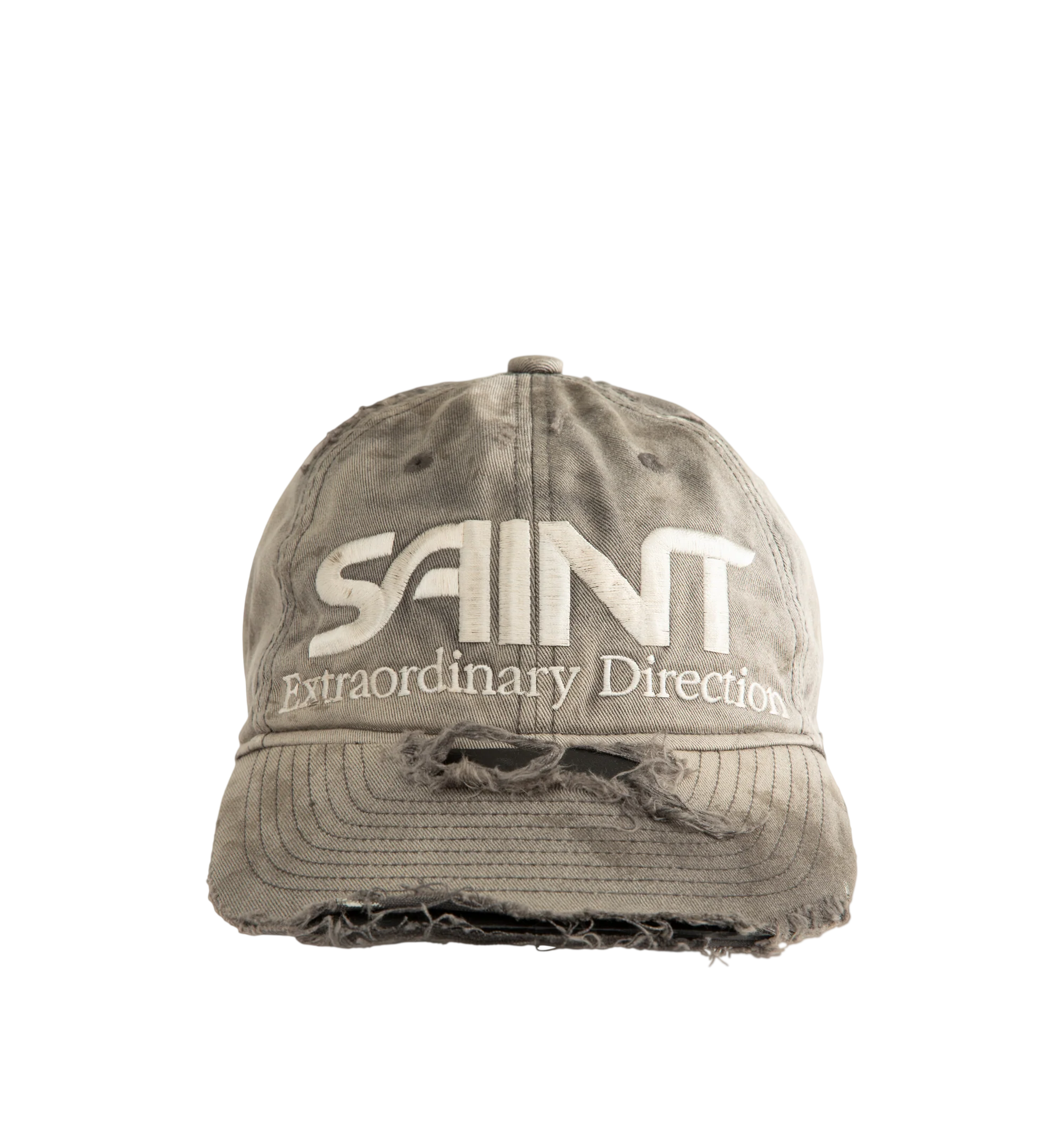 Image 1 of 2 - GREY - The Saint Michael Saint Cap in Charcoal features embroidered SAINT lettering at the front and 666 YEARS lettering at the back. Faded fabric and distressed panels and brim create the worn finish, while a rear adjuster changes the fit.