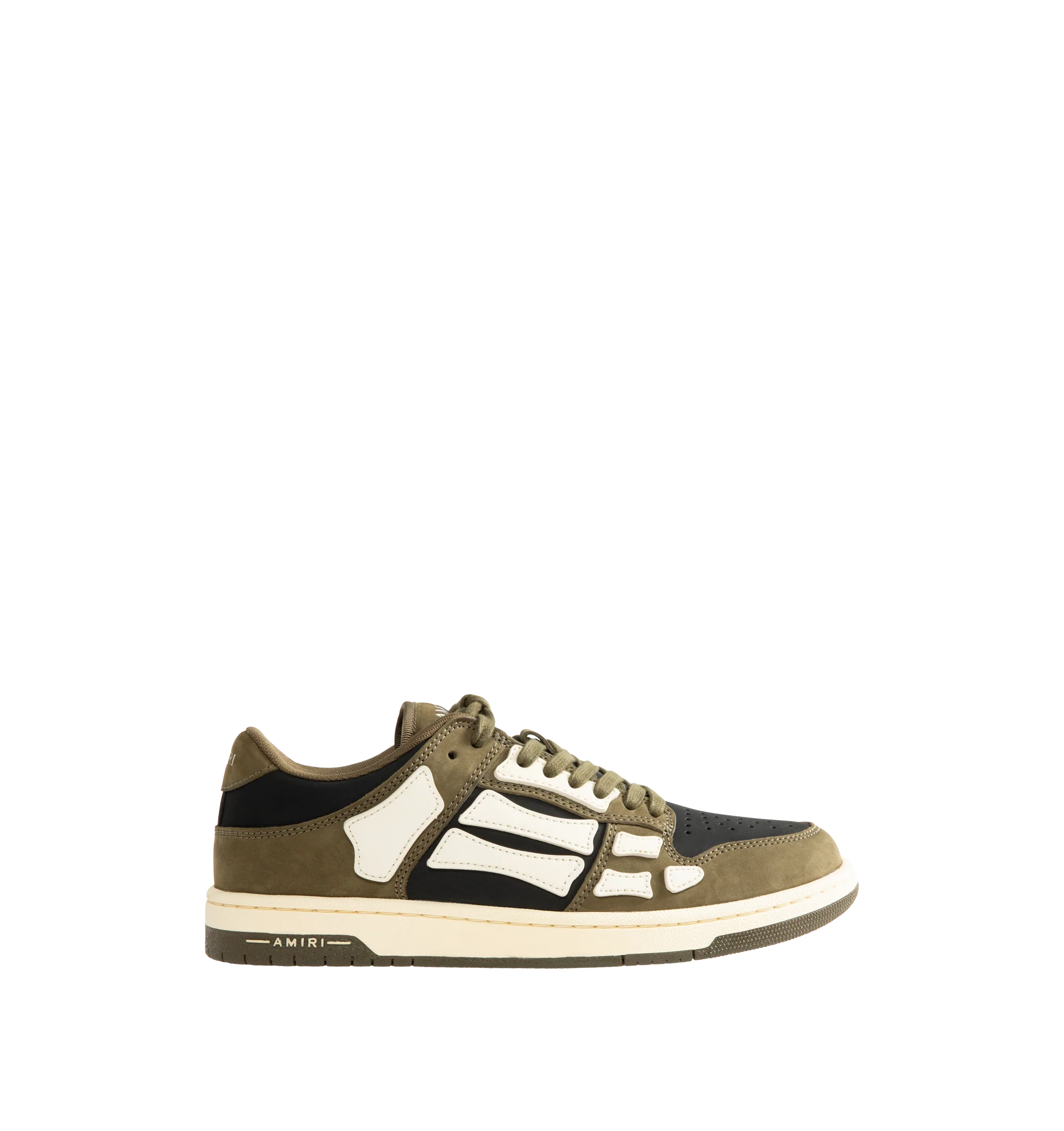 Image 1 of 5 - GREEN - Amiri Mens Skel Top Low Sneakers are crafted with a suede leather upper and signature pebbled leather bone appliqus. Feature contrast topstitching, lace-up closure, padded collar, two-tone rubber sole, and low-top silhouette. Main Material: Leather Upper; Sole: Rubber. Made in Vietnam.