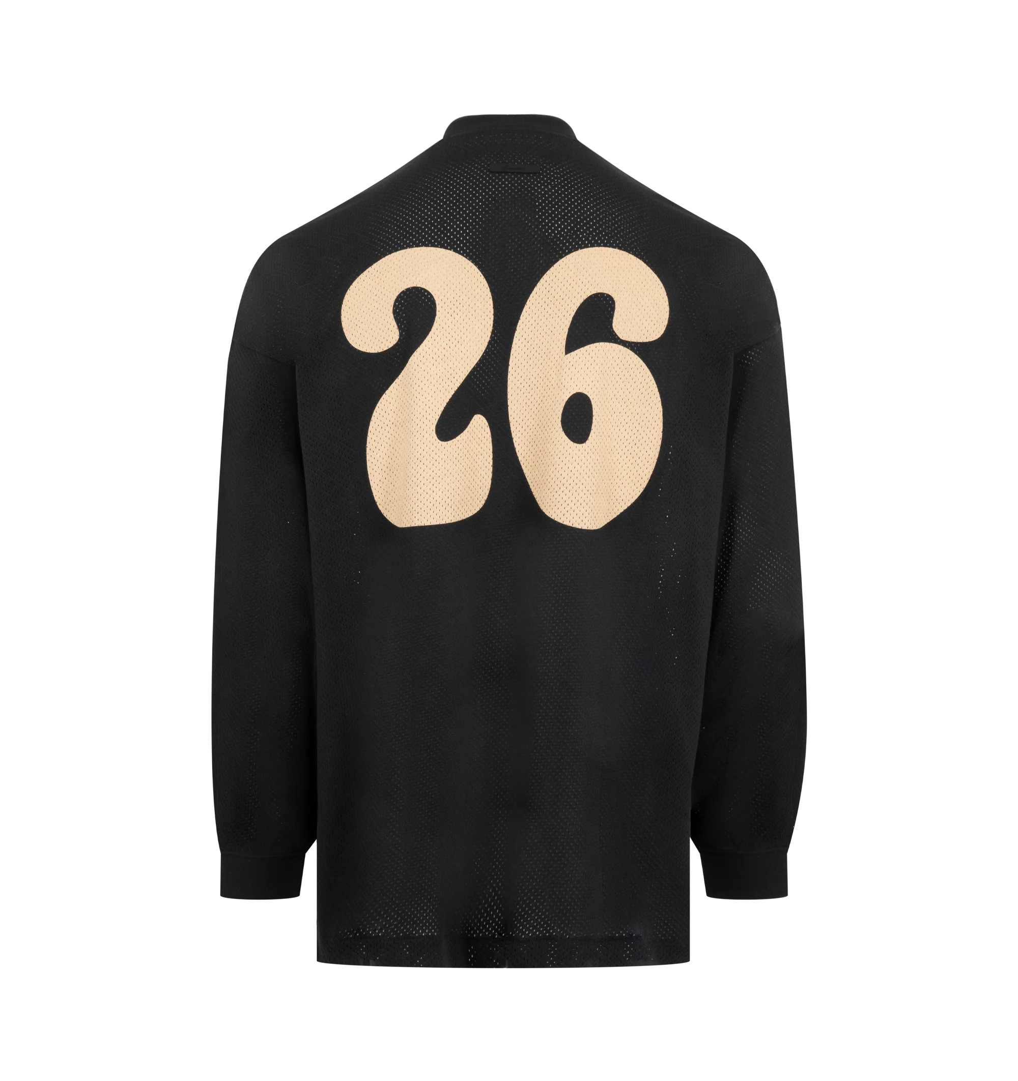 Image 2 of 2 - BLACK - Fear of God Essentials Mens Sport Mesh Merch Long Sleeve Tee is crafted from cotton sport mesh. Features a boxy relaxed fit, ribbed crew neckline, dropped shoulders, ribbed cuffs, enzyme-washed finish, crackle-printed All Valley Essentials graphic at the front, crackle-printed "26" graphic at the back, and an Essentials signature label at the back collar. Main Material: 100% Cotton Sport Mesh.